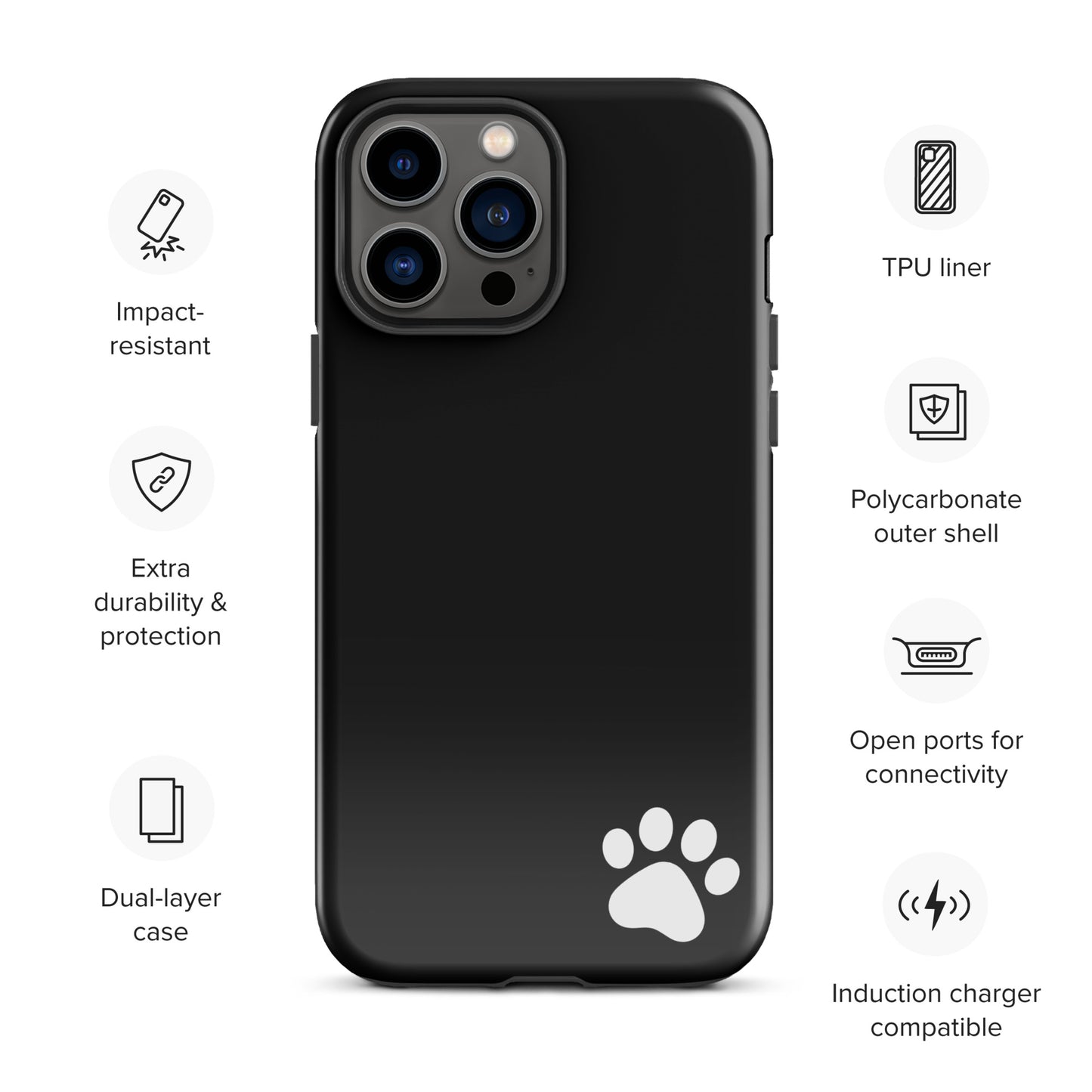 Black Phone Case for iPhone with white paw print design, offering impact resistance, dual-layer protection, and open ports for connectivity.