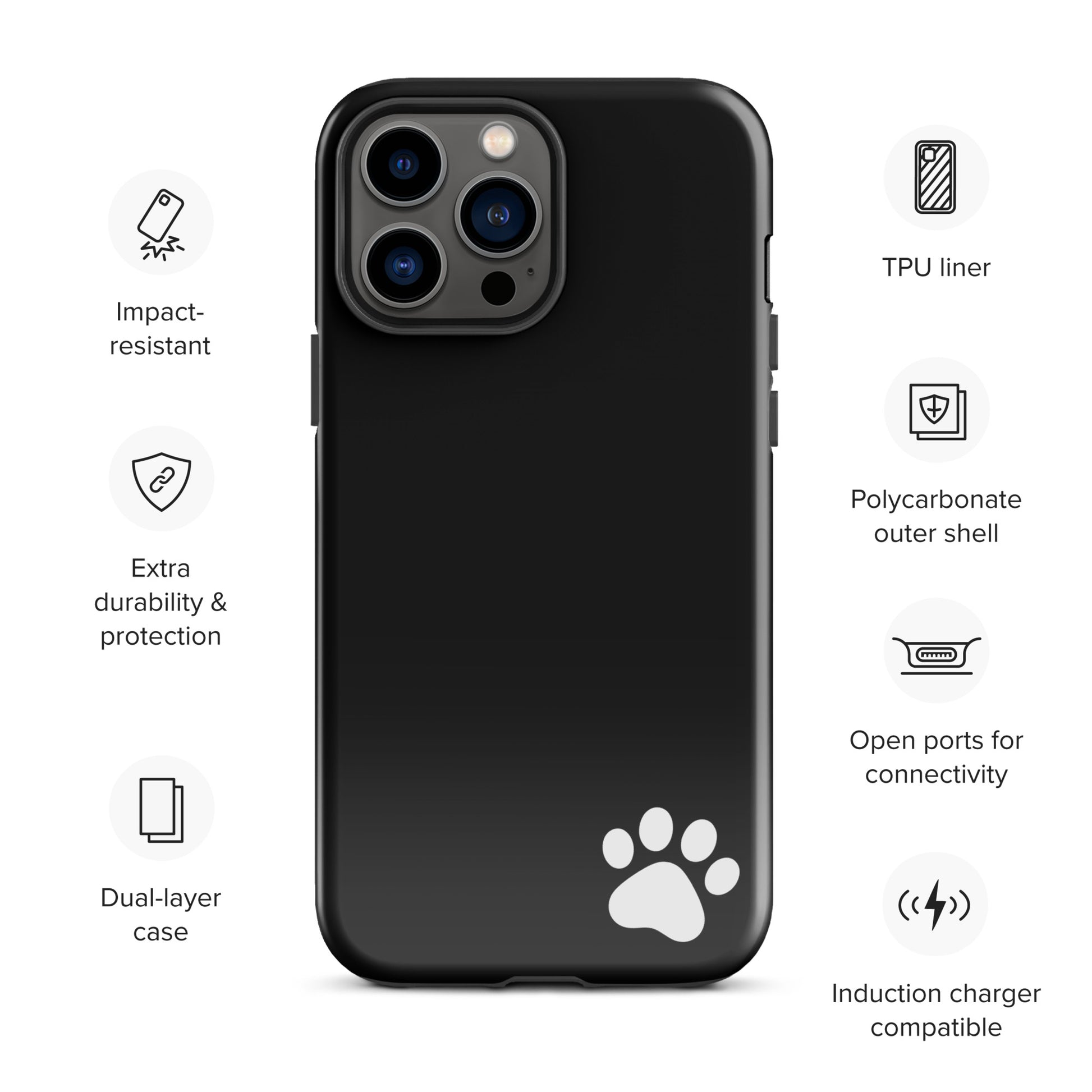 Black Phone Case for iPhone with white paw print design, offering impact resistance, dual-layer protection, and open ports for connectivity.
