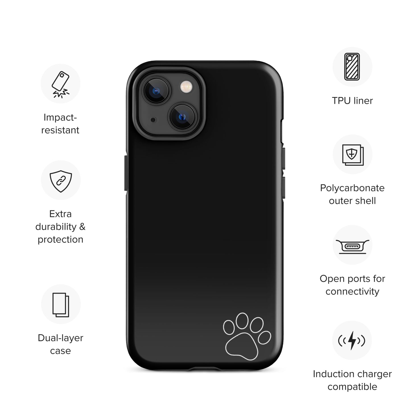 Phone Case for iPhone, Paw‑Print Luxe Minimalist Tough Case with dual-layer protection and white paw print design.