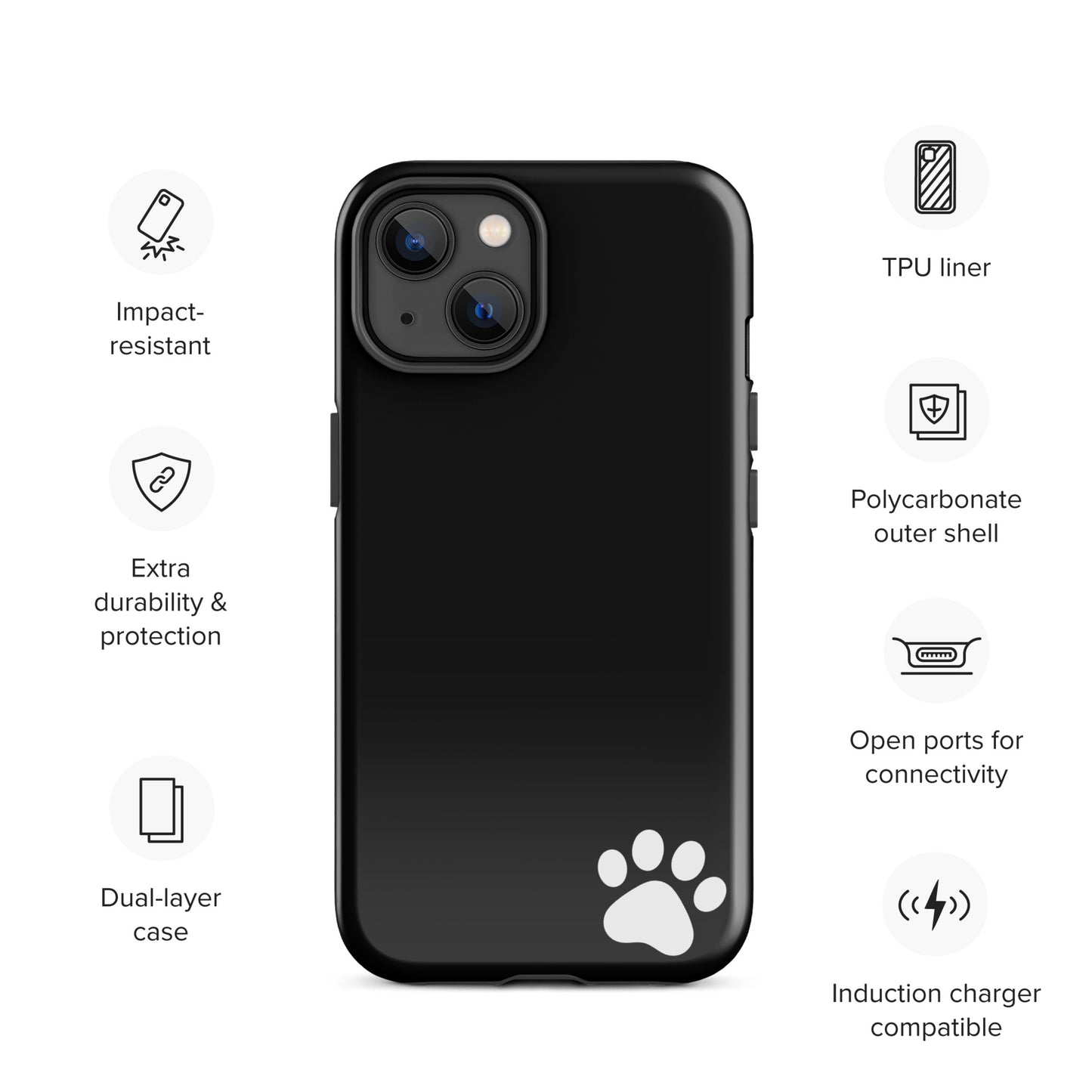 Black Phone Case for iPhone with white paw print, impact-resistant, dual-layer design, polycarbonate shell, and TPU liner.