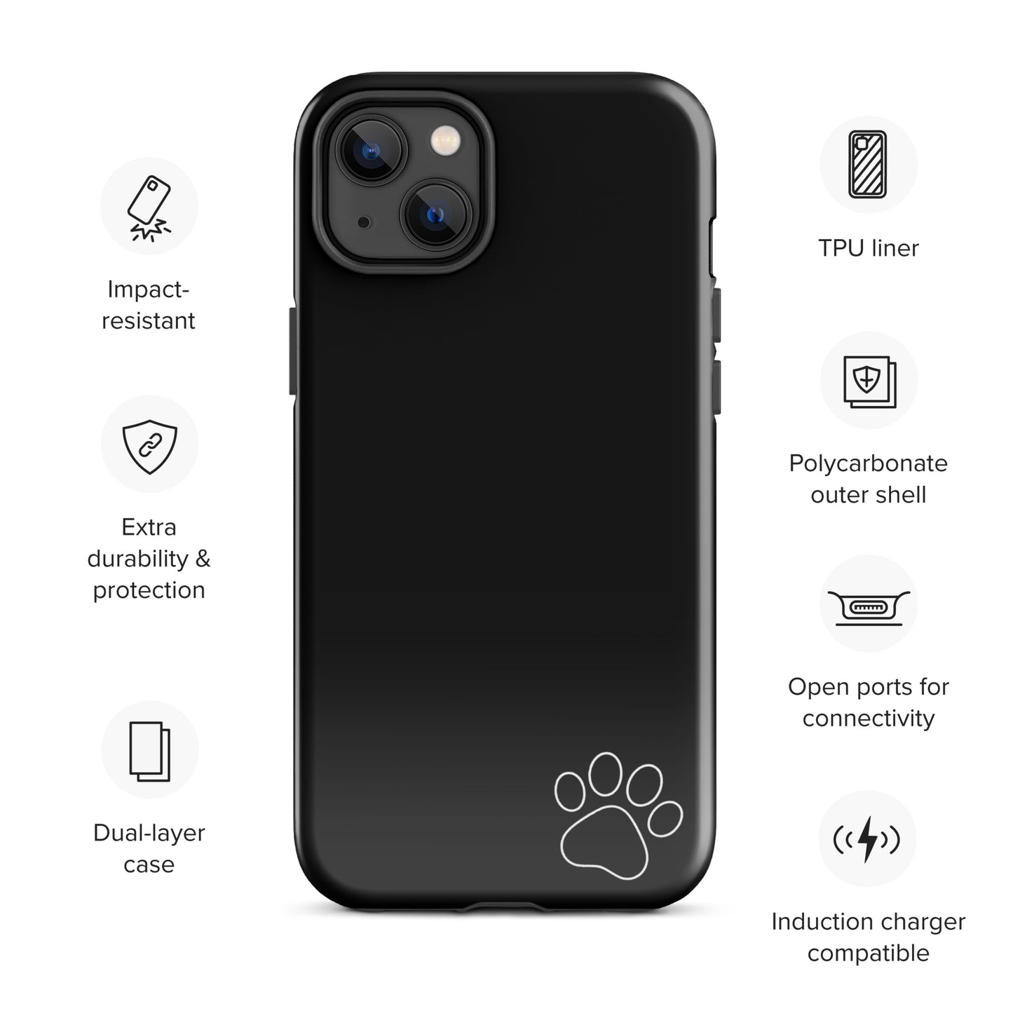 Phone Case for iPhone with minimalist black design featuring a white paw print, highlighting impact resistance and polycarbonate shell.