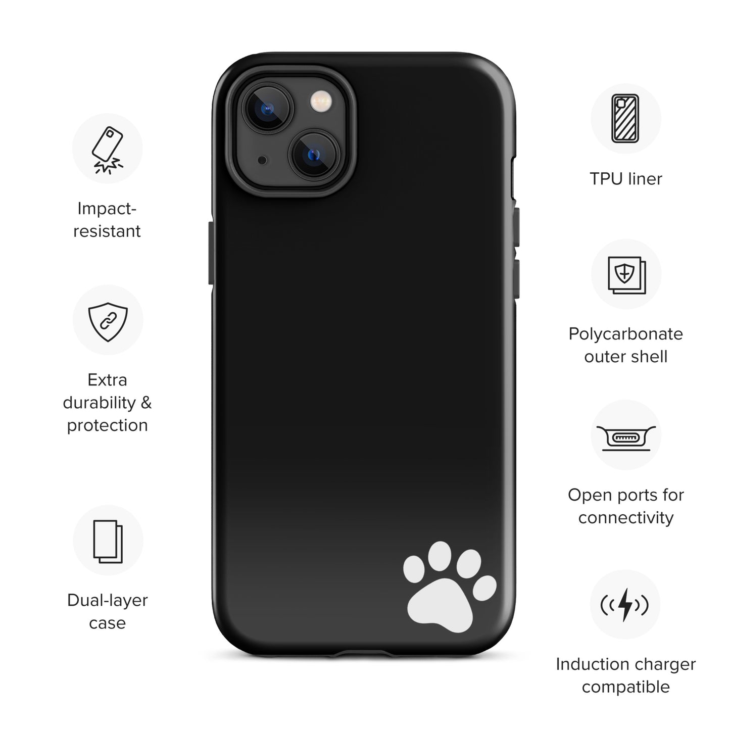 Phone Case for iPhone Paw‑Print Luxe Minimalist Tough Case with black background and white paw print design