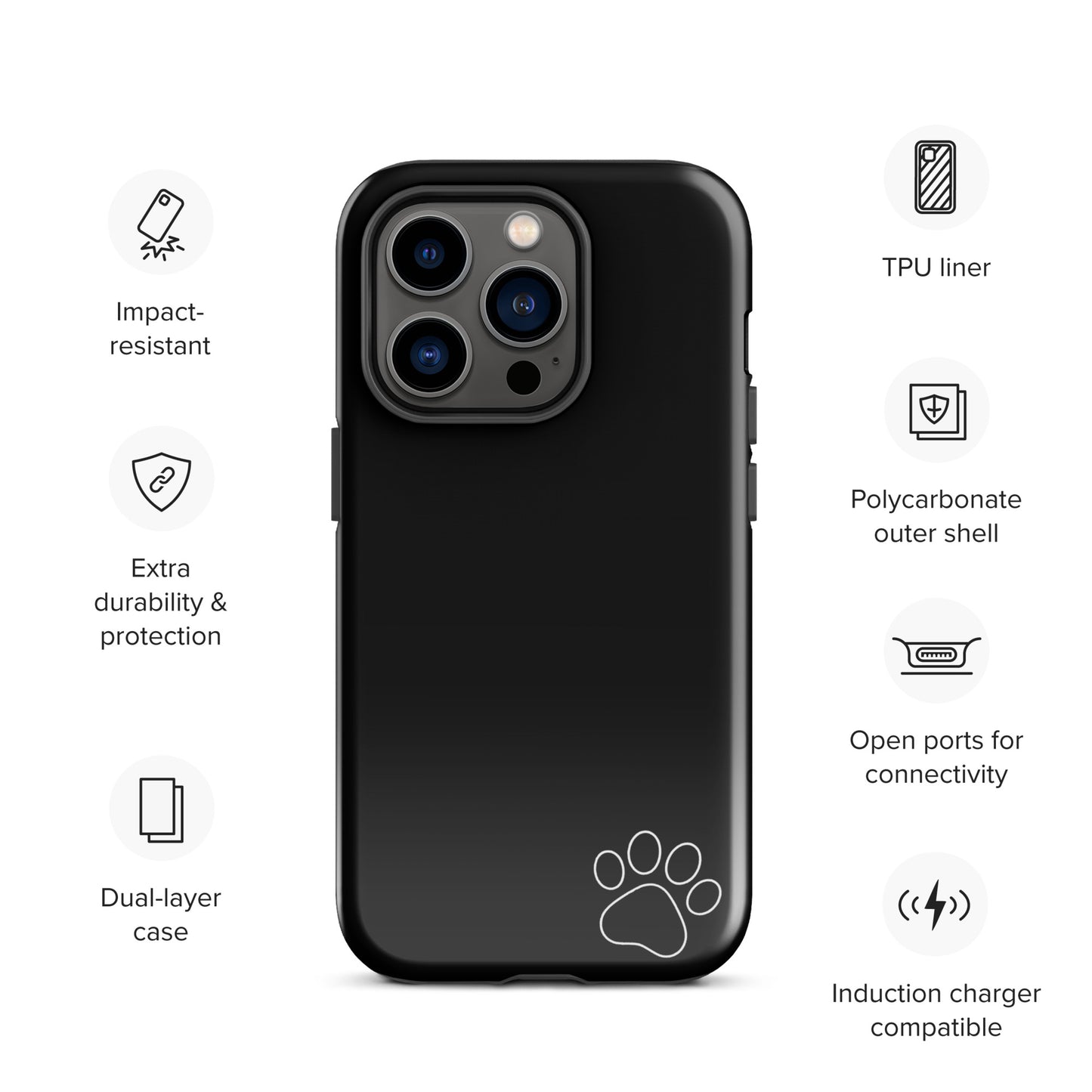 Phone Case for iPhone with black design, featuring a white paw print in the corner, offering style and protection with a minimalist look.