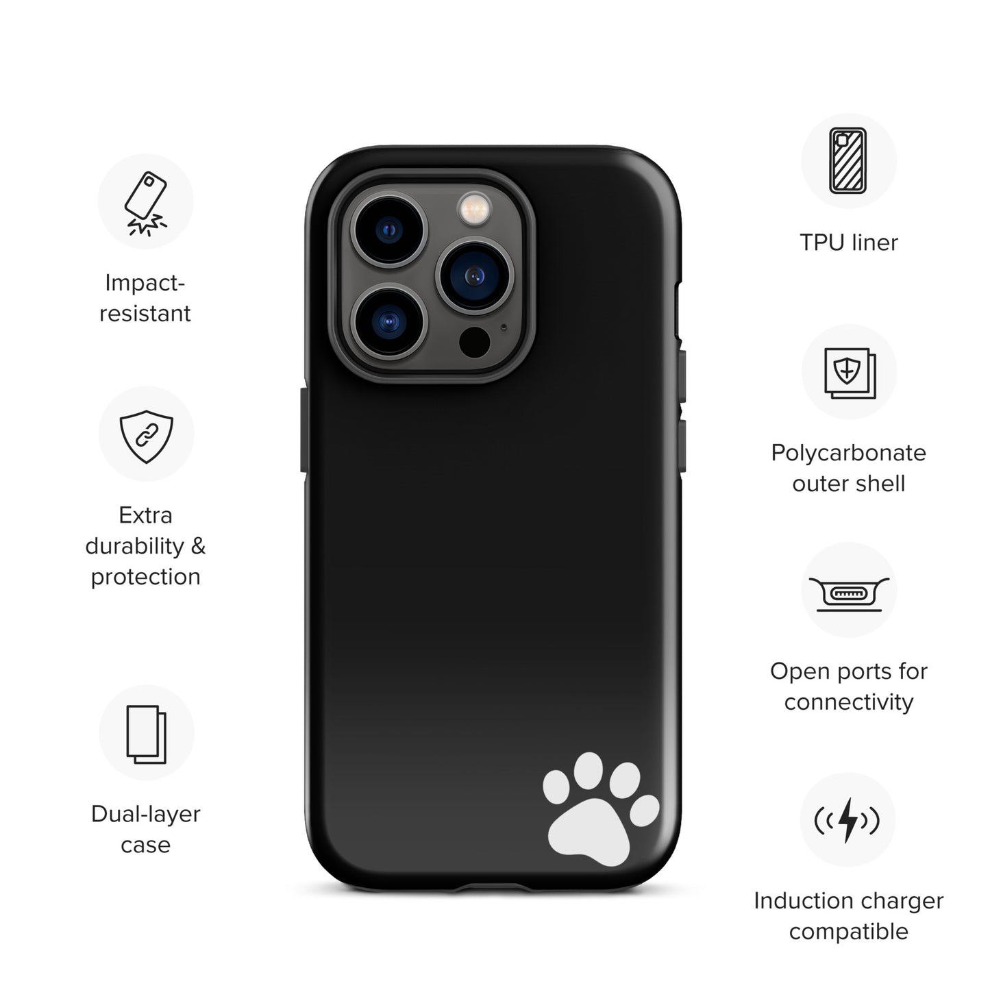 Phone Case for iPhone: Paw-Print Luxe Minimalist Tough Case with black design, white paw print, impact-resistant, dual-layer protection