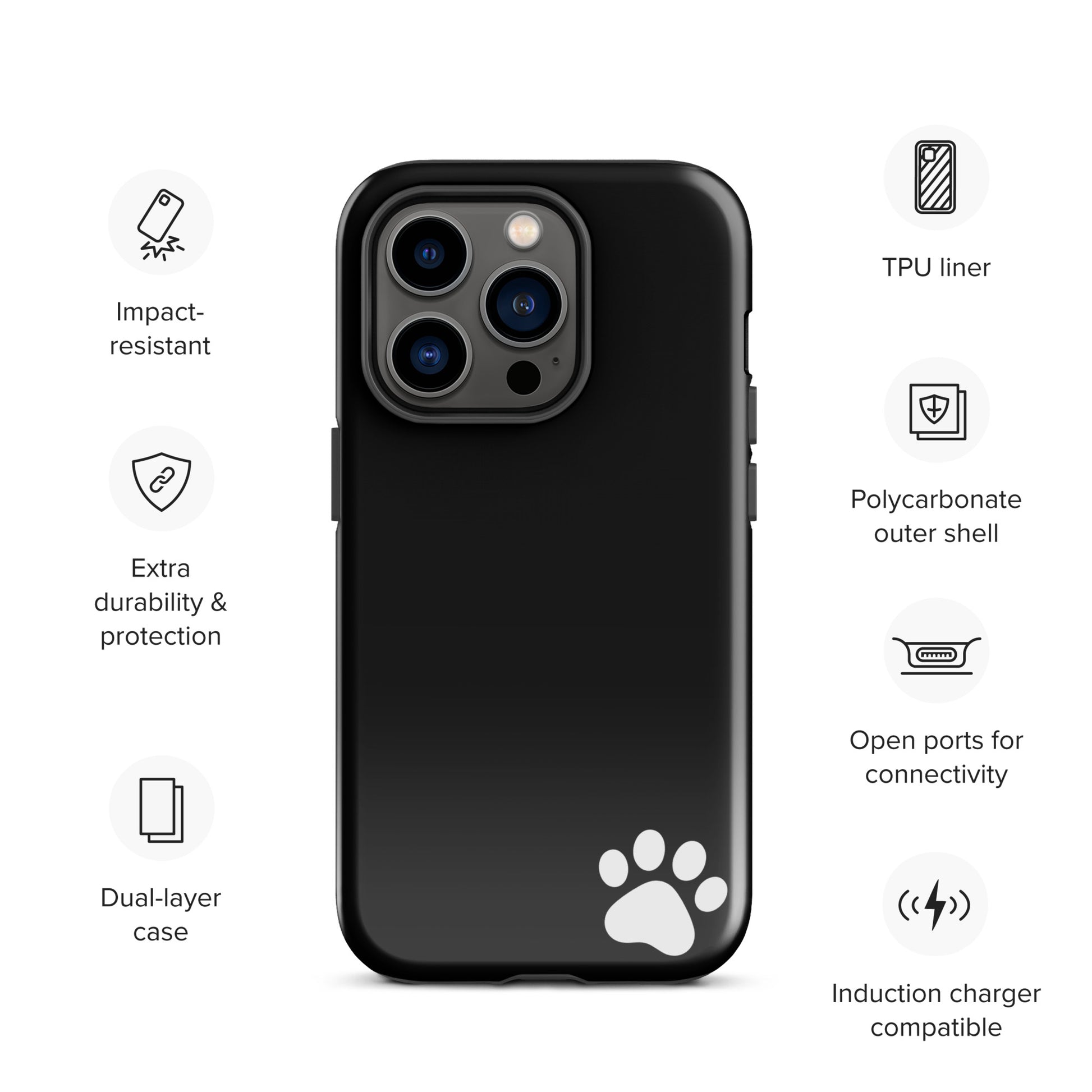Phone Case for iPhone: Paw-Print Luxe Minimalist Tough Case with black design, white paw print, impact-resistant, dual-layer protection