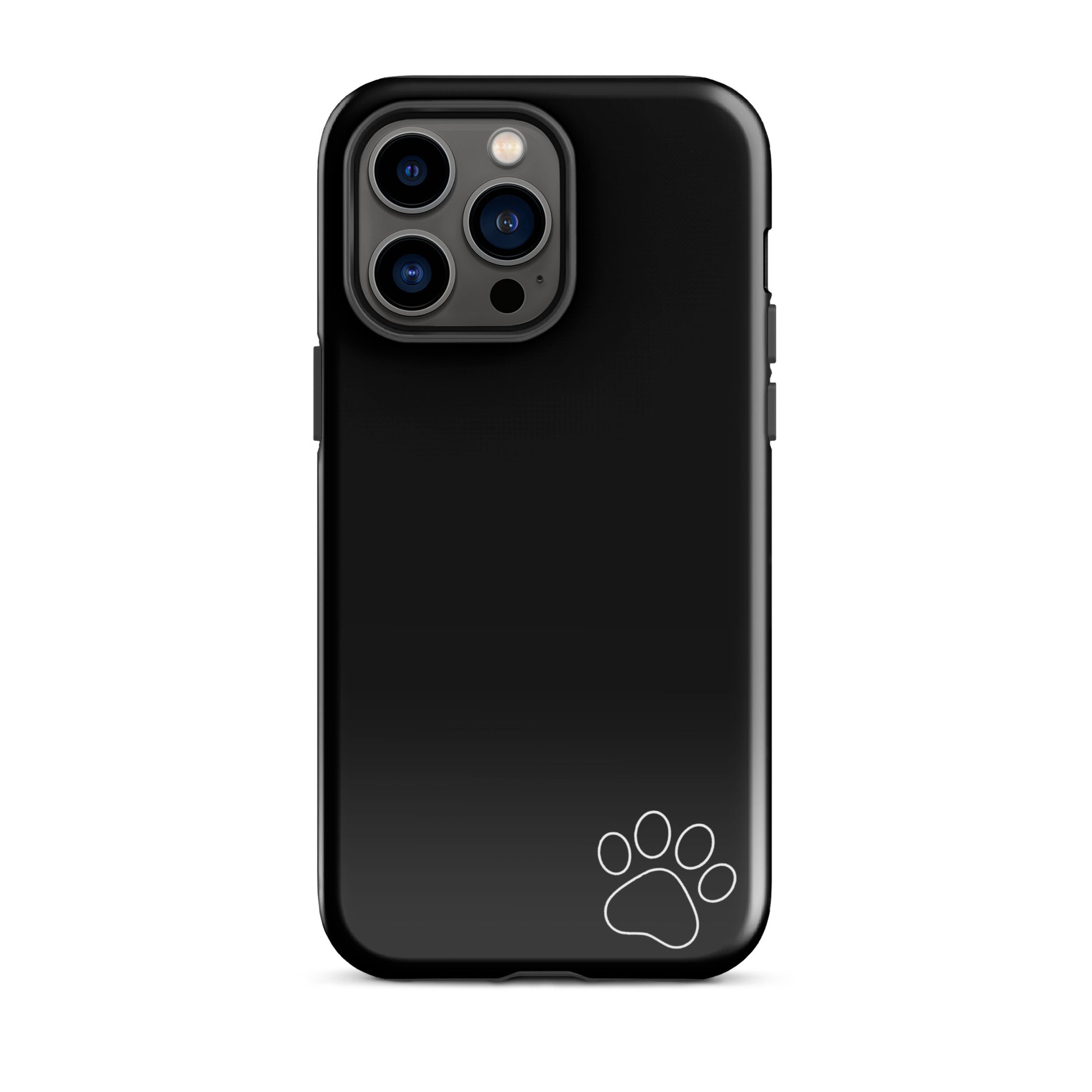 Black Phone Case for iPhone with subtle white paw print design in corner.