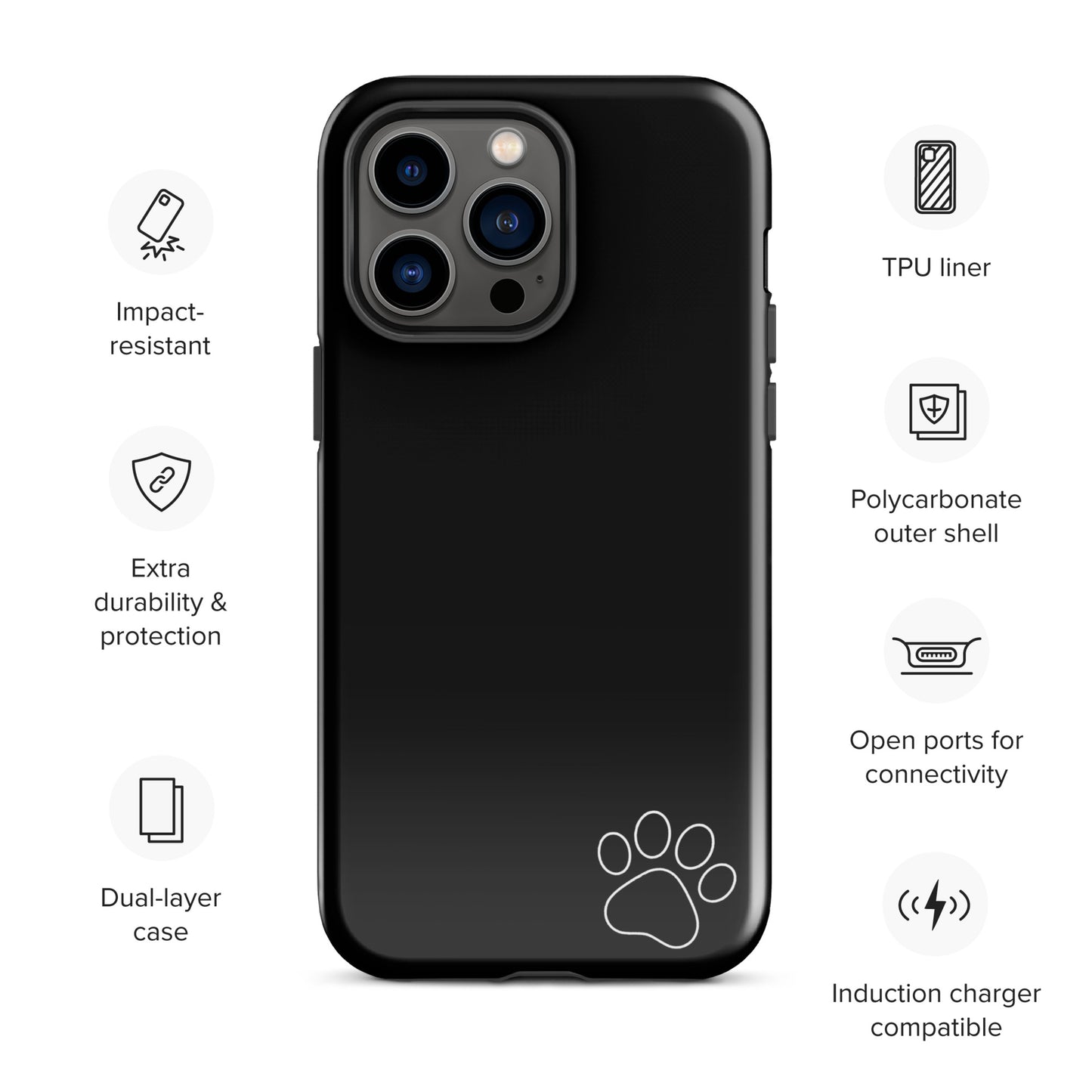Phone Case for iPhone: Black Tough Case with White Paw Print Design