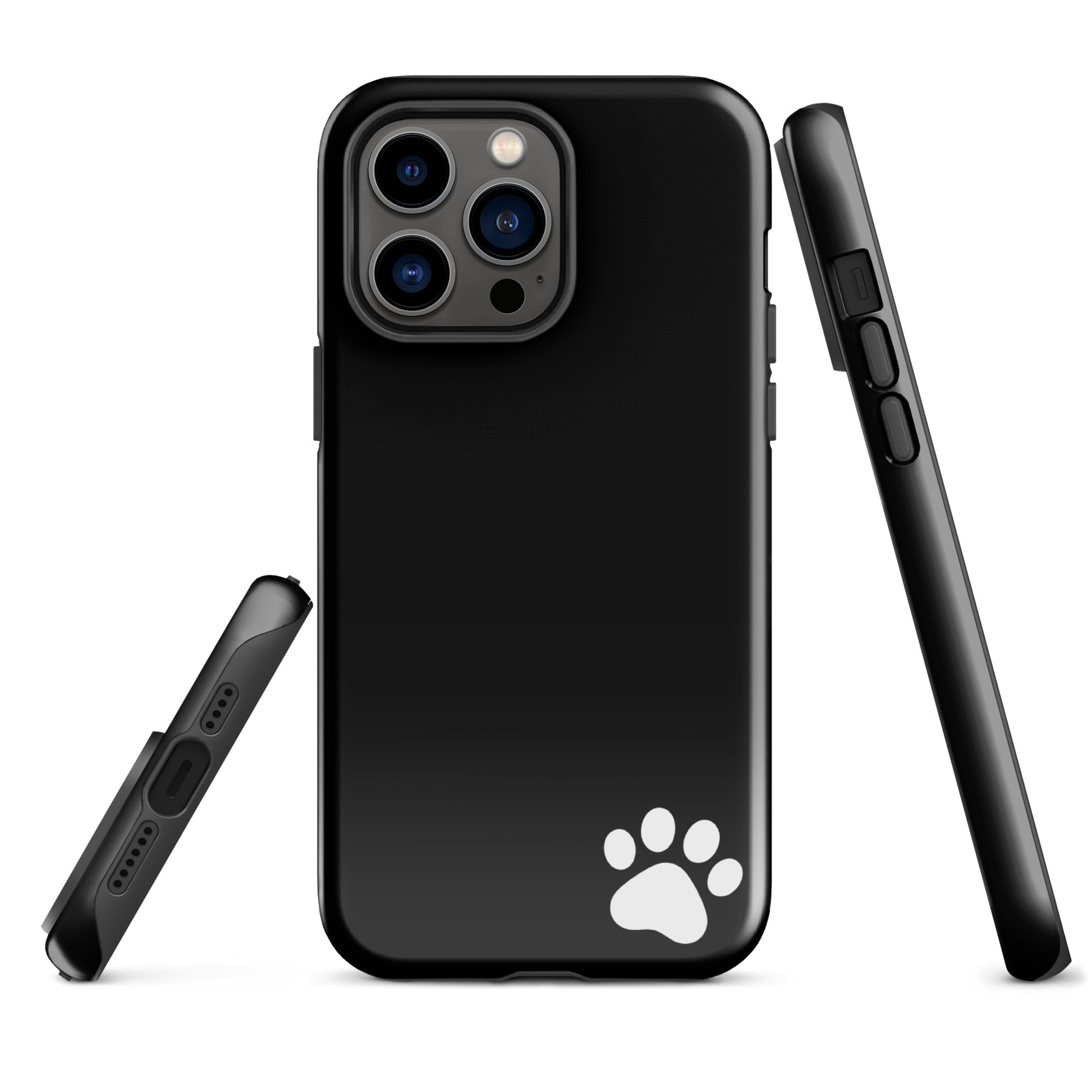 Sleek black Phone Case for iPhone with white paw print design, minimalist style, perfect for pet lovers and fashion-forward individuals.