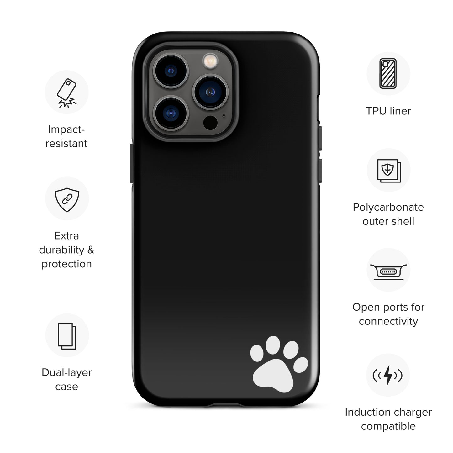 Phone Case for iPhone: Black tough case with white paw print and dual-layer protection, perfect for animal lovers seeking style