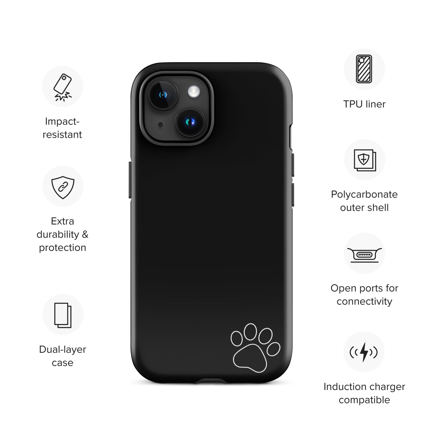 Phone Case for iPhone with paw print design; durable black cover with minimalist style and protection features.