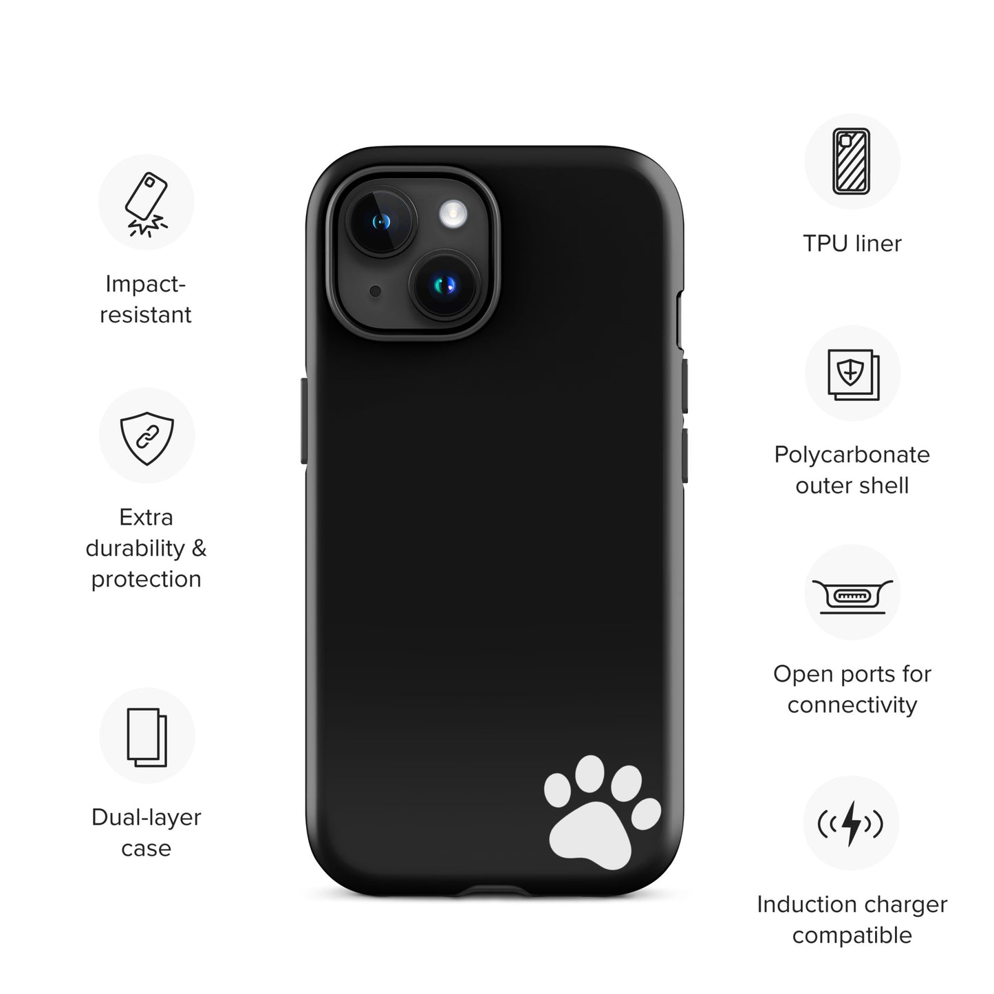 Phone Case for iPhone: Paw-Print Luxe Minimalist Tough Case with durable black design and white paw print for pet lovers.