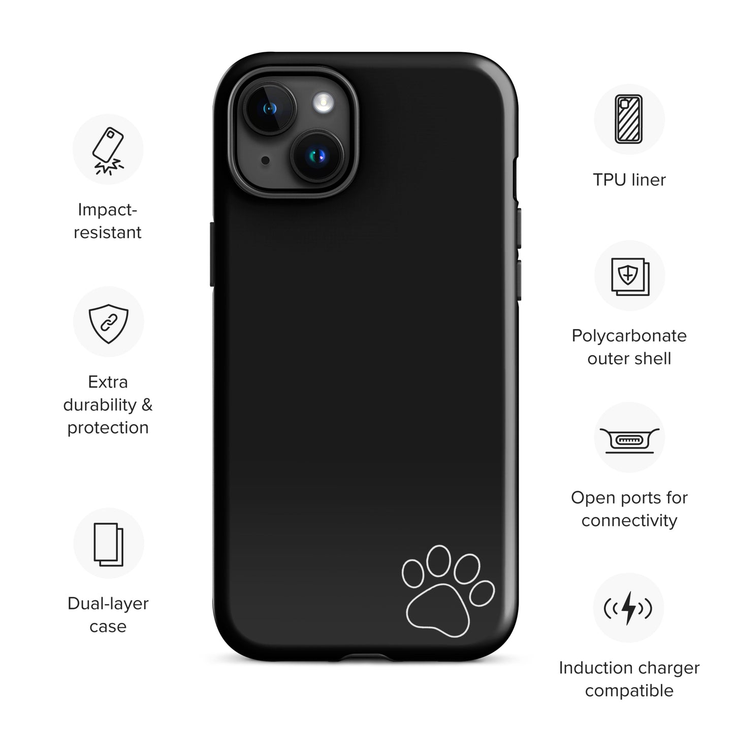Black Phone Case for iPhone with white paw print, impact-resistant dual-layer design, featuring polycarbonate outer shell and TPU liner.