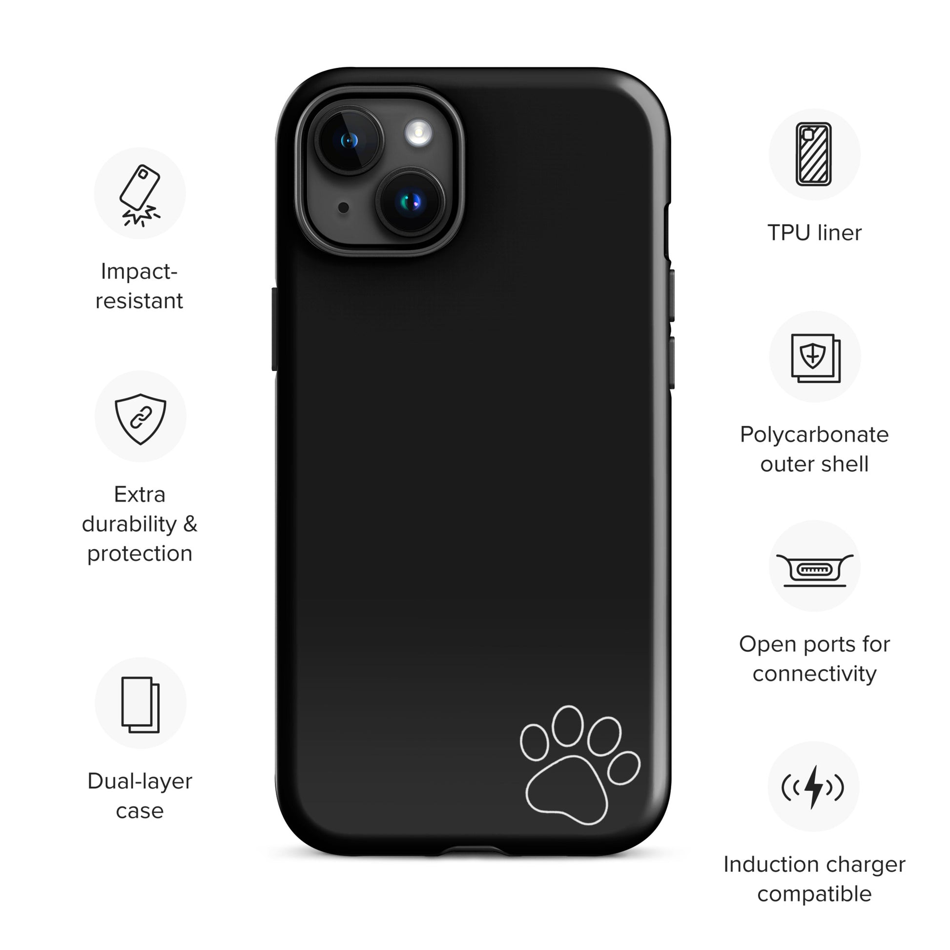 Black Phone Case for iPhone with white paw print, impact-resistant dual-layer design, featuring polycarbonate outer shell and TPU liner.