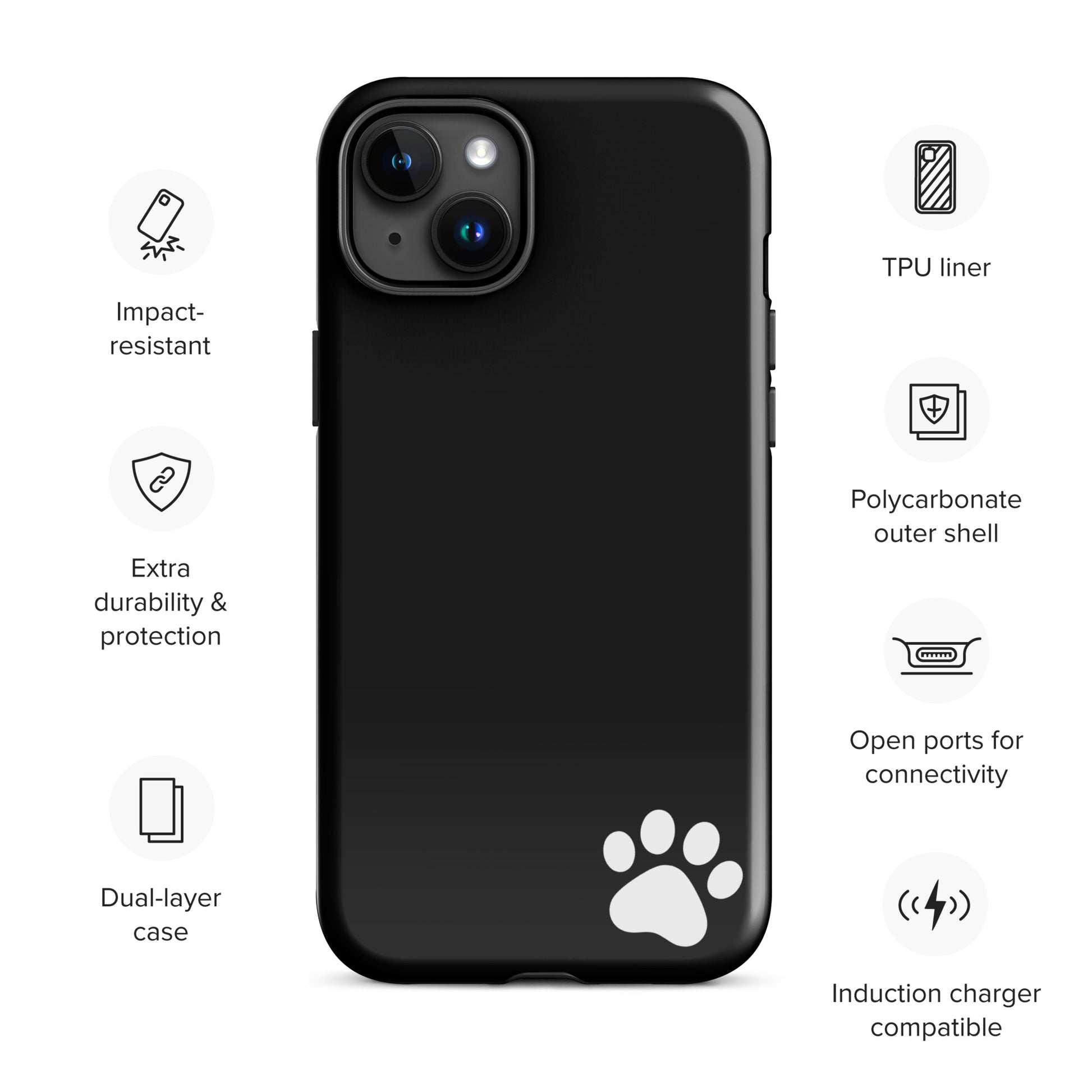 Sleek black Phone Case with white paw print, featuring impact-resistant protection and open connectivity ports for iPhone.