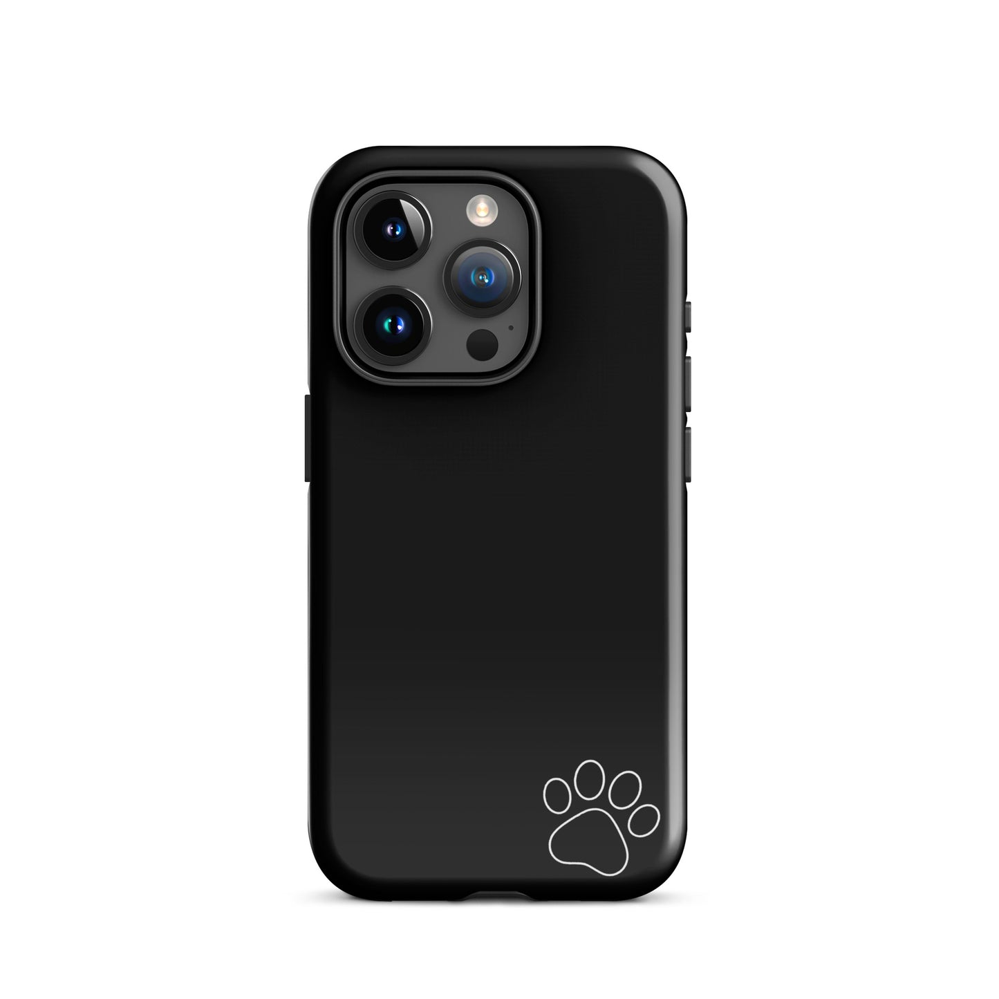 Phone Case for iPhone: Black luxe minimalist tough case with white paw print design on the bottom right corner.