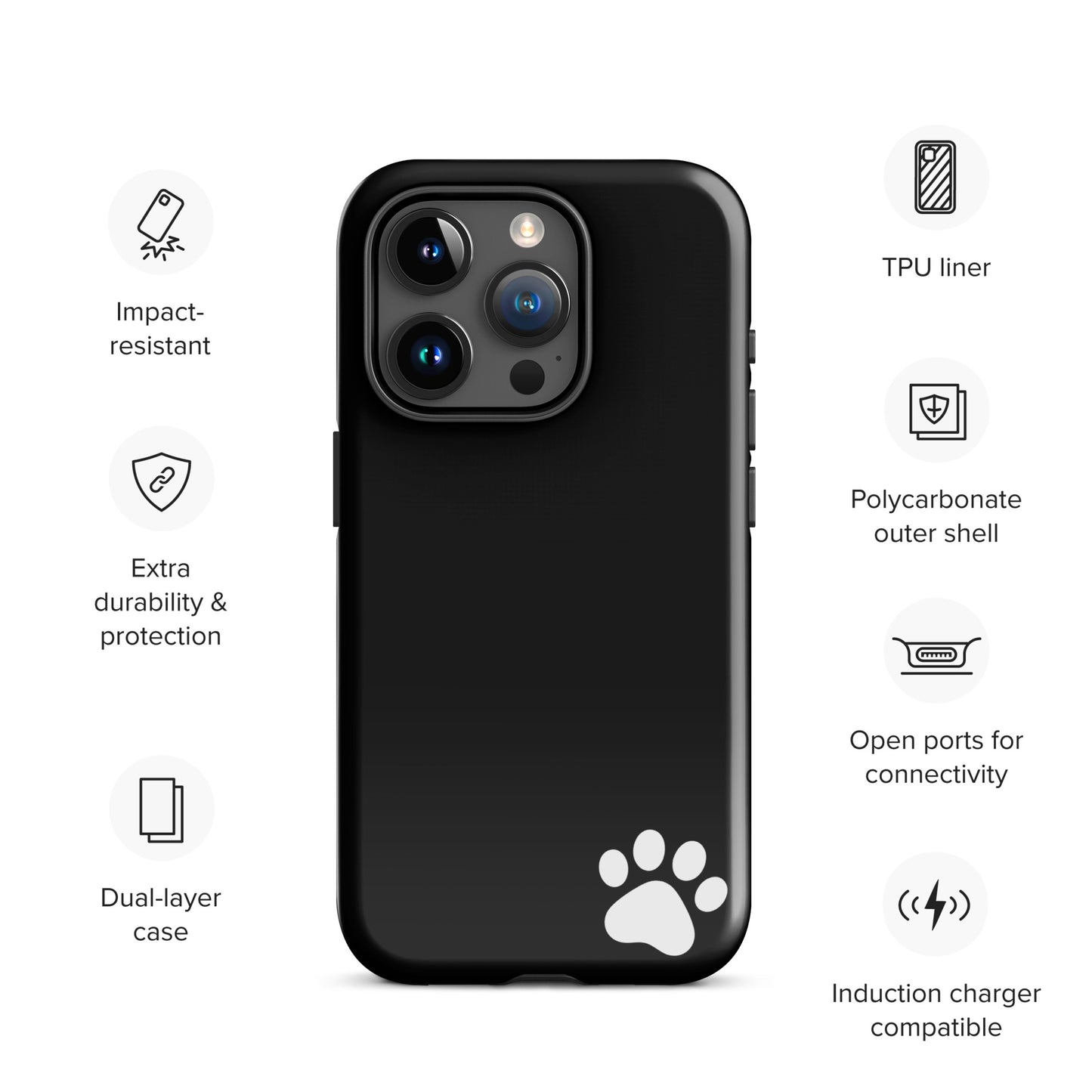 Phone Case for iPhone with paw-print design, impact-resistant polycarbonate, TPU liner, induction charger compatible.
