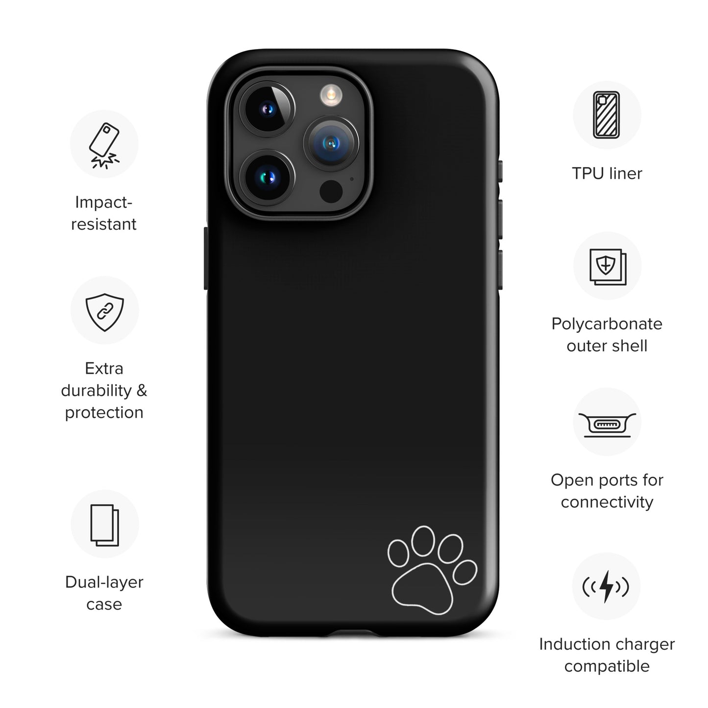 Black Phone Case for iPhone with white paw print design, impact-resistant and dual-layer protection, featuring a sleek minimalist style.