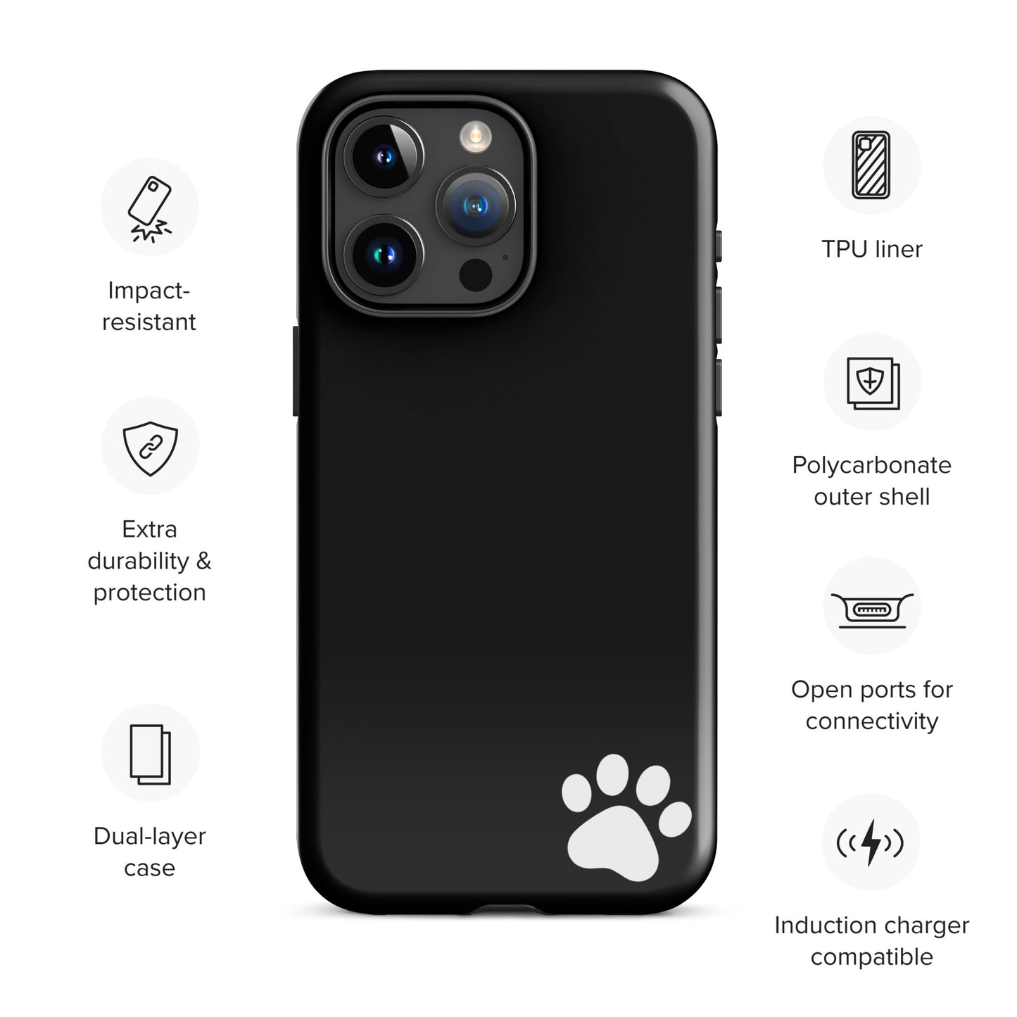 Phone Case for iPhone with paw print design, black Tough Case featuring dual-layer protection, impact-resistant and induction charger compatible.