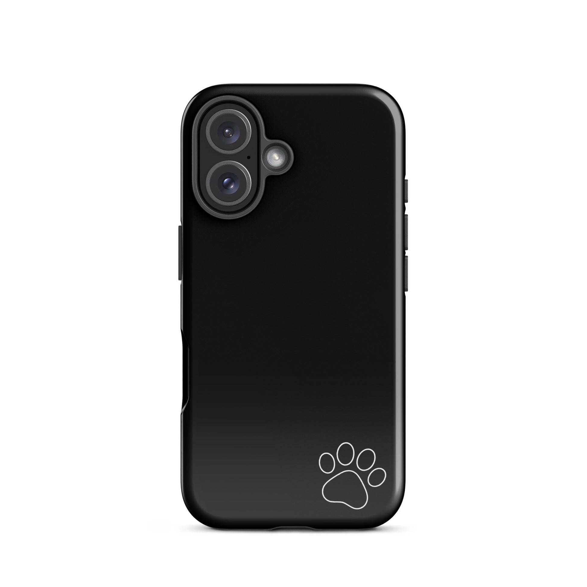 Phone Case with paw print design for iPhone, sleek black tough cover, minimalist style with white paw print in corner.