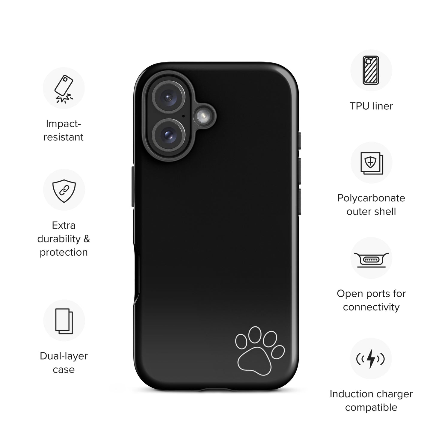 Phone Case for iPhone with a sleek black design featuring a white paw print, offering impact resistance and extra durability; Paw-Print Luxe Minimalist Tough Case.