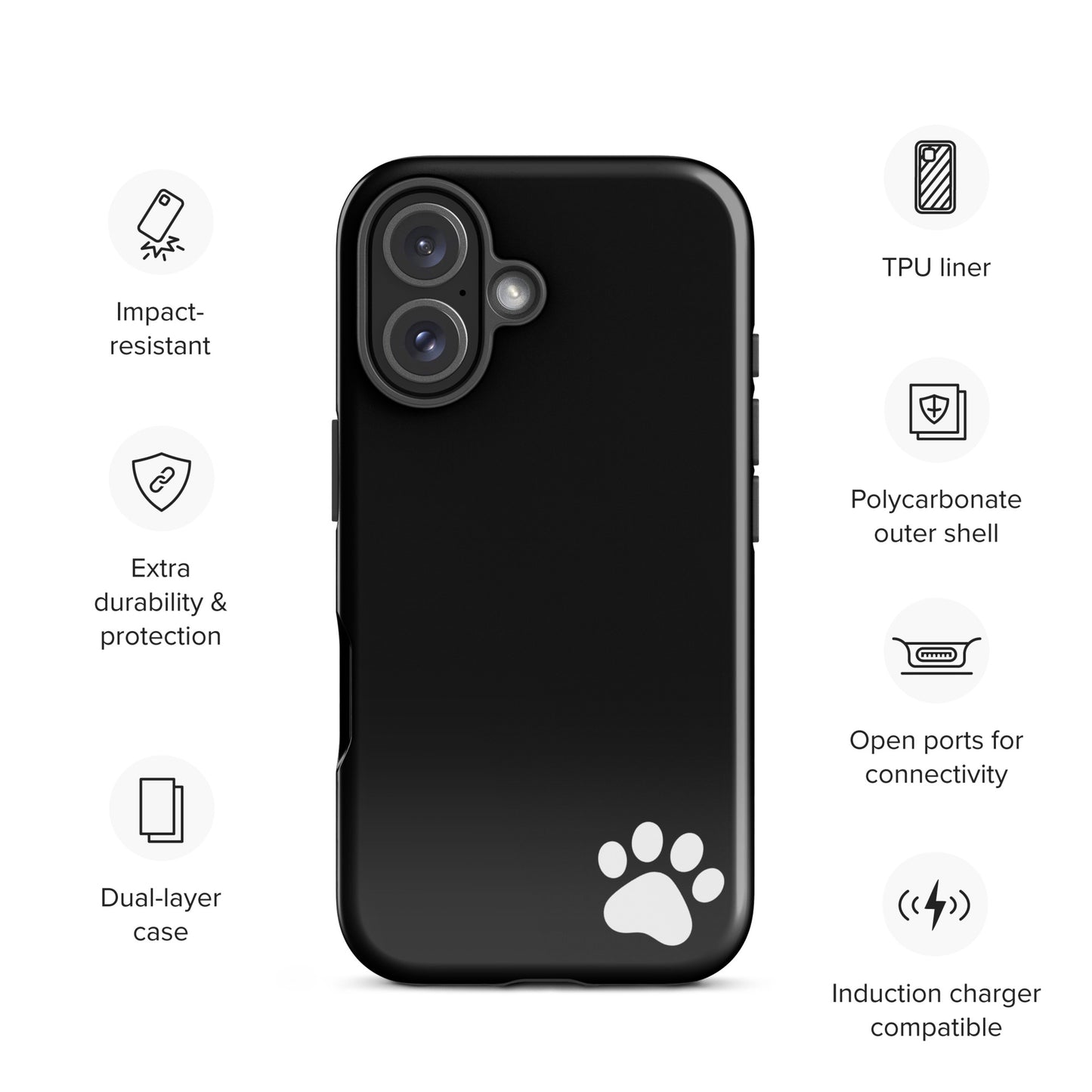 Phone Case for iPhone with white paw print, minimalist tough black case with dual-layer protection, ideal for animal lovers.