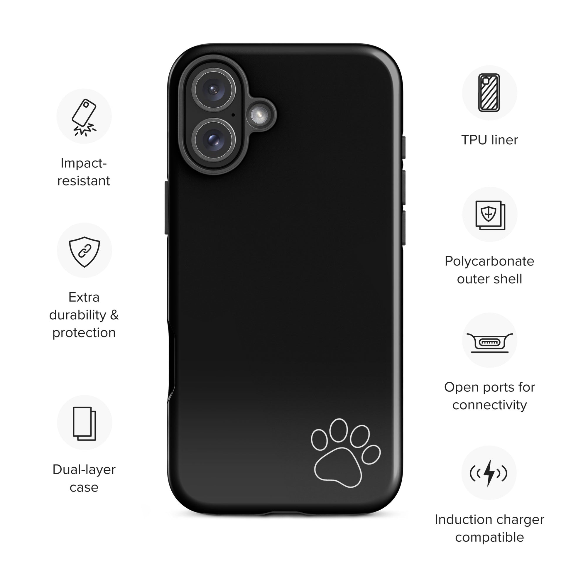 Phone Case for iPhone: Paw-Print Luxe Minimalist Tough Case with black design and white paw print, impact-resistant, durable, induction compatible.