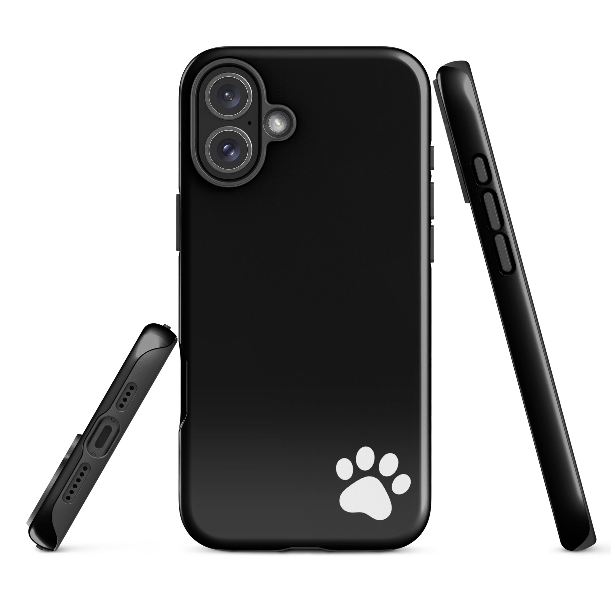 Phone Case for iPhone with sleek black design and white paw print accent, offering minimalist style and tough protection.