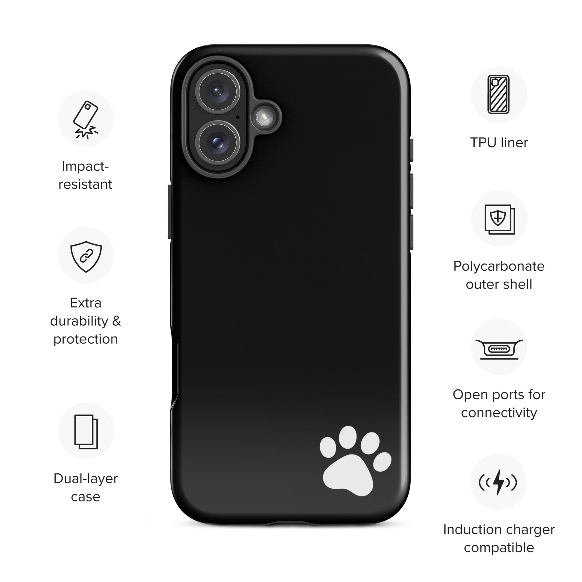 Phone Case for iPhone with paw print design, black Tough Case, impact-resistant, minimalist style
