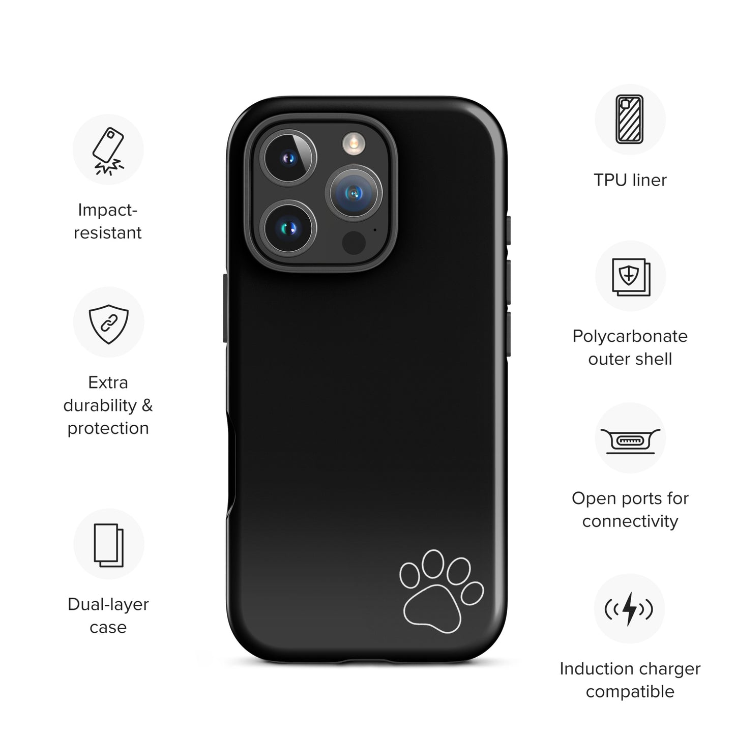 Phone Case for iPhone with black tough design, paw print in corner, impact-resistant, dual-layer protection, and induction charging compatibility.