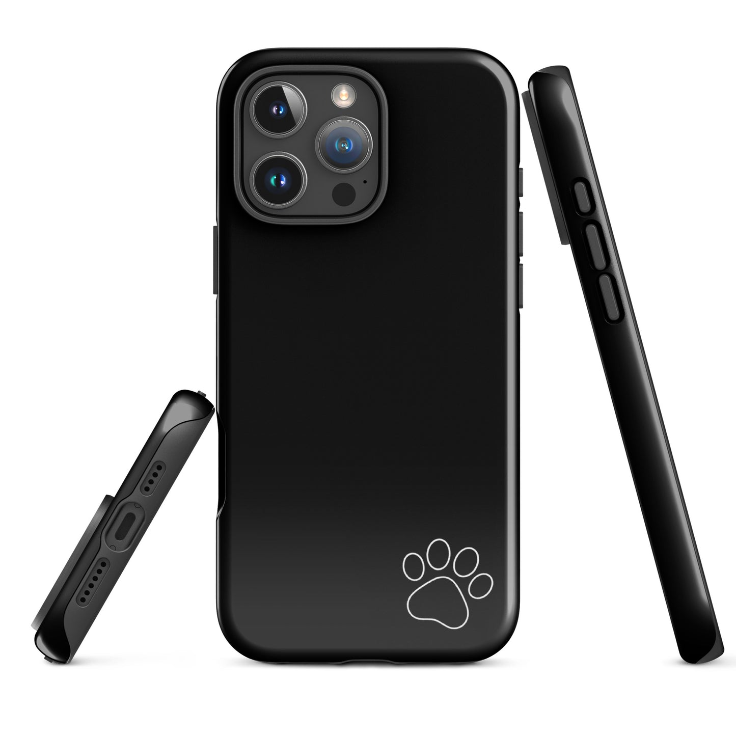 Phone Case for iPhone with white paw print design, black minimalist tough case showcasing sleek modern style for pet lovers.