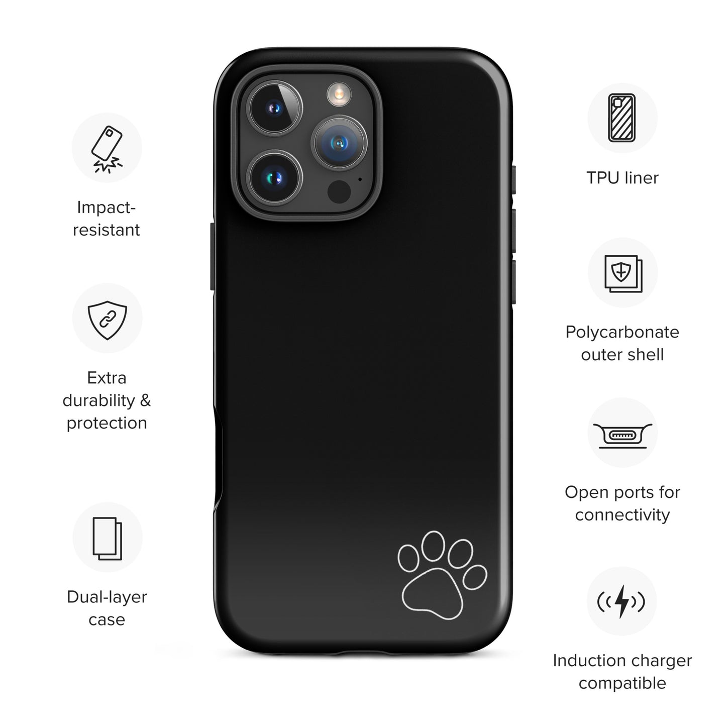 Phone Case for iPhone with black minimalist design and white paw print, featuring impact resistance and dual-layer protection.