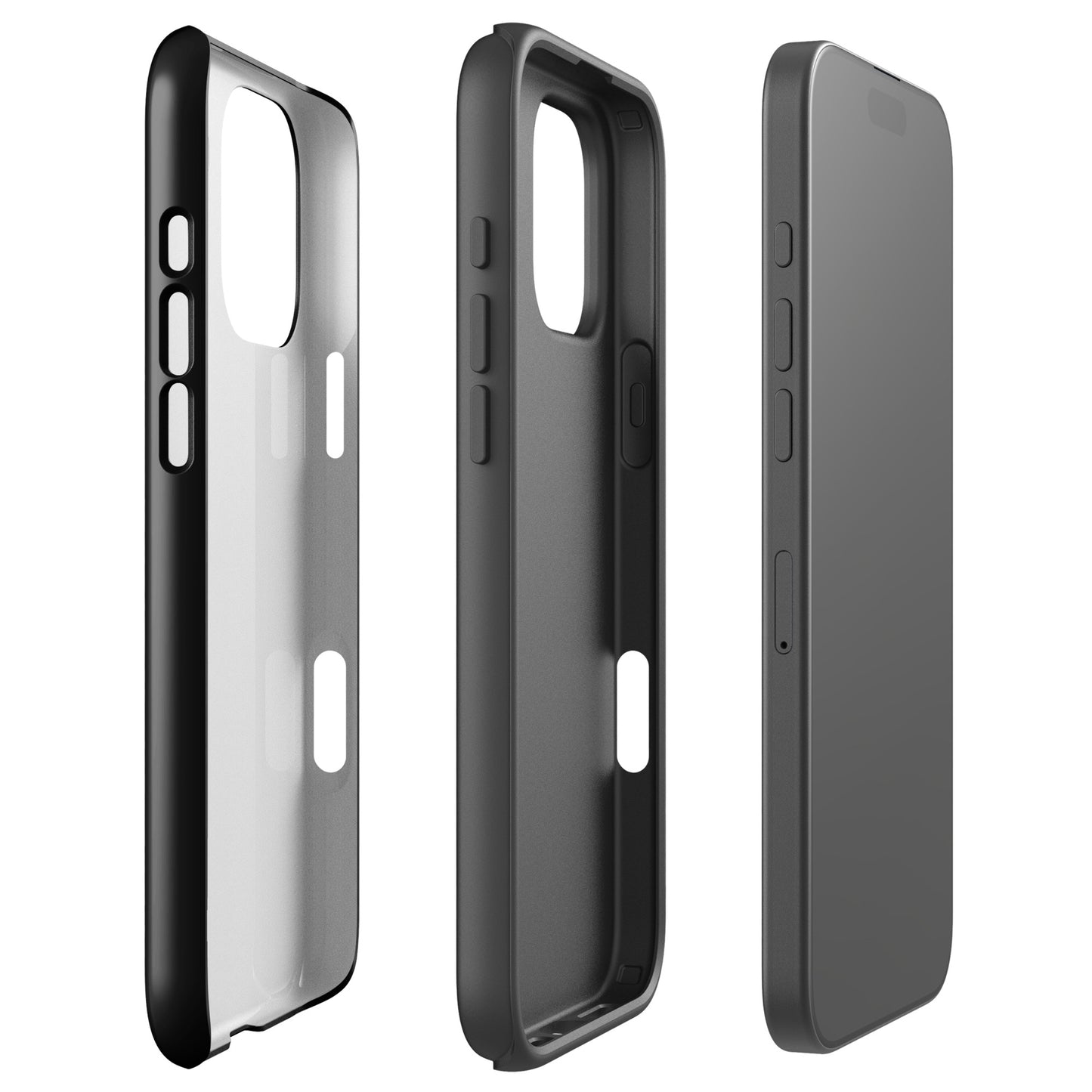 Set of black Phone Case for iPhone showing front, back, and side views with minimalist design and paw-print detail.