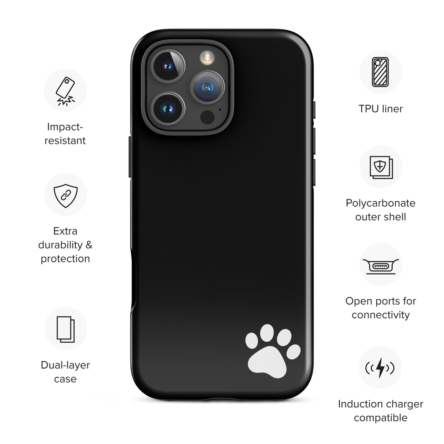 Phone Case for iPhone with black design and white paw print, showing minimalist tough case features such as impact resistance and dual-layer protection