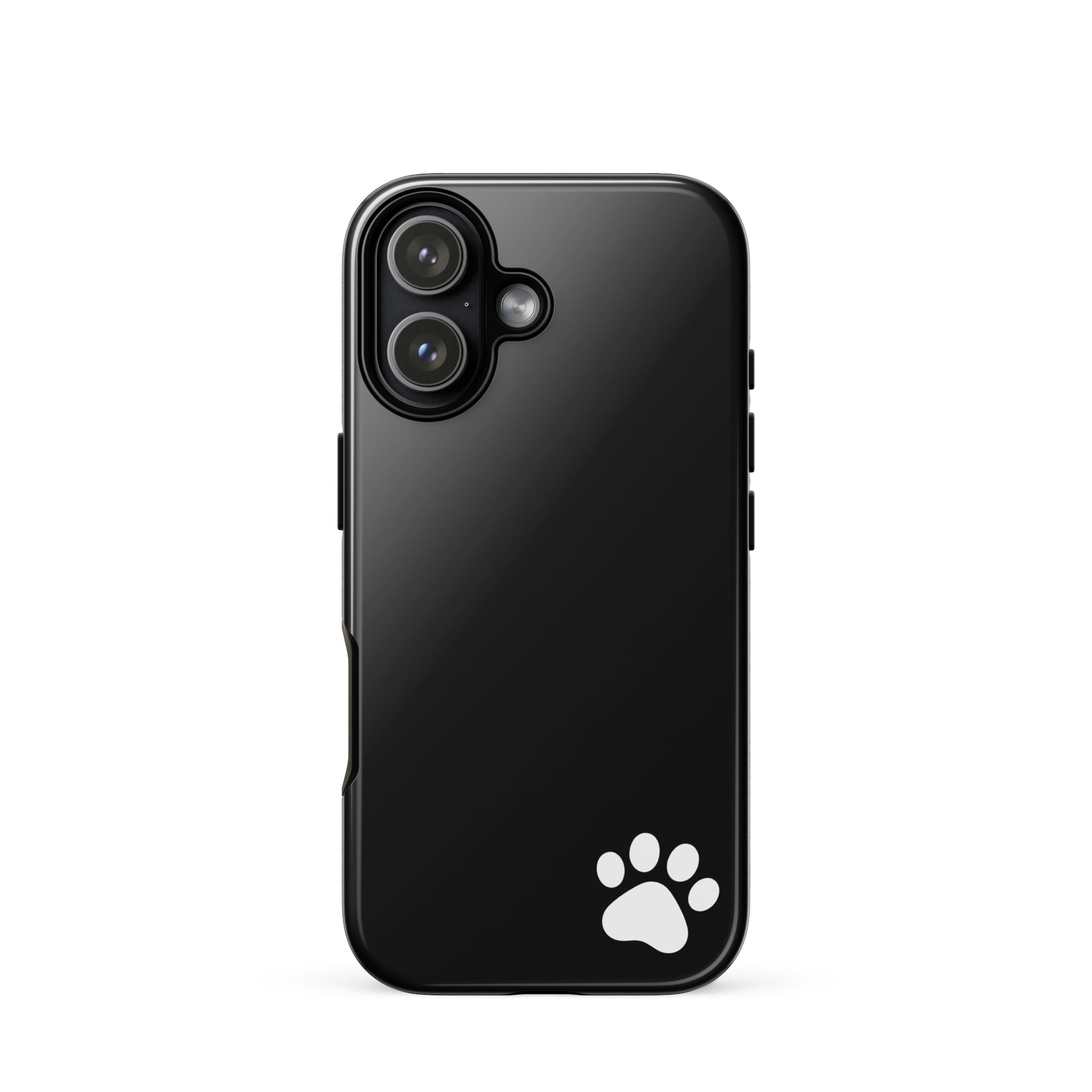 Black Phone Case for iPhone with white paw print design, minimalist tough case for pet lovers.