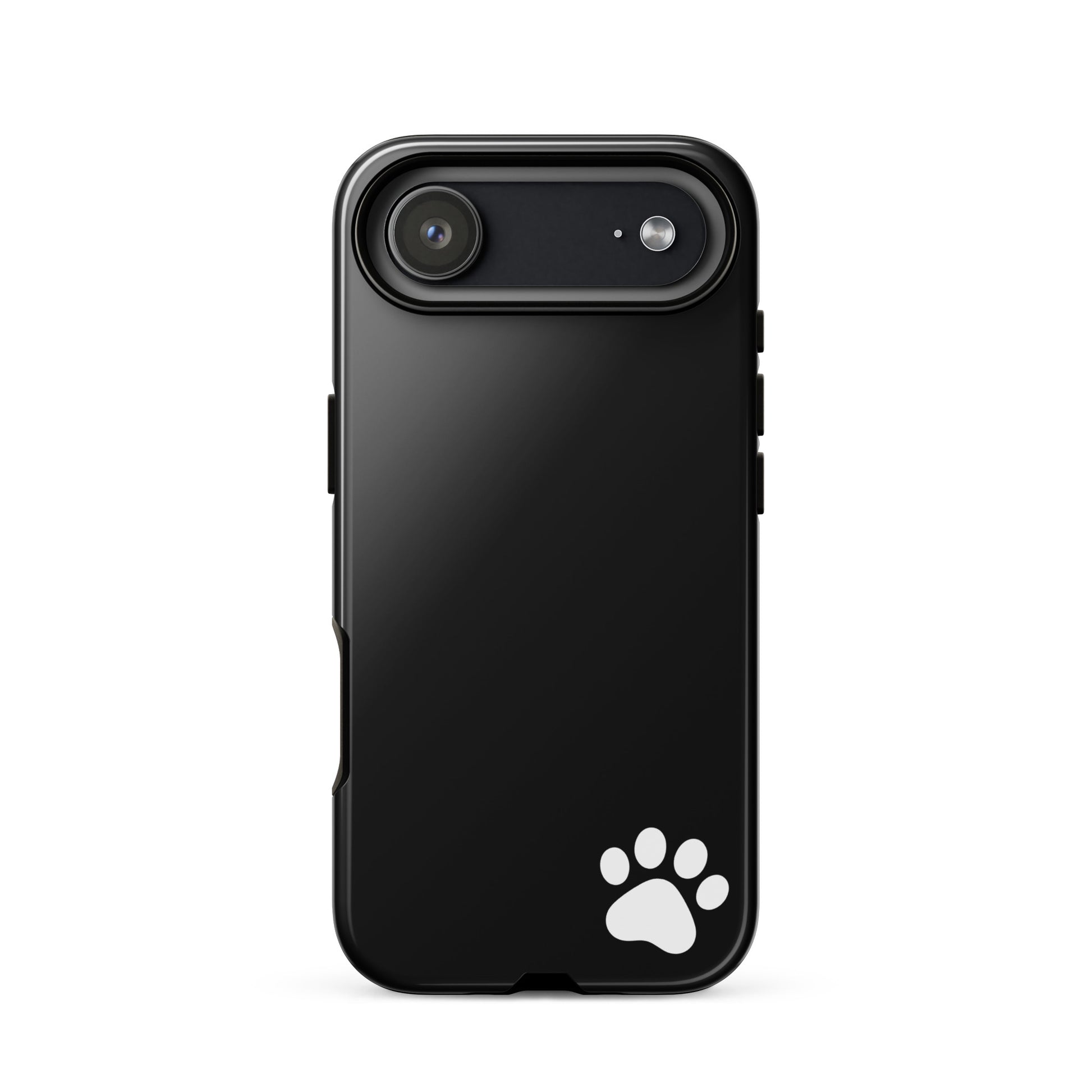 Black Phone Case for iPhone with white paw print design, minimalist tough case for animal lovers.