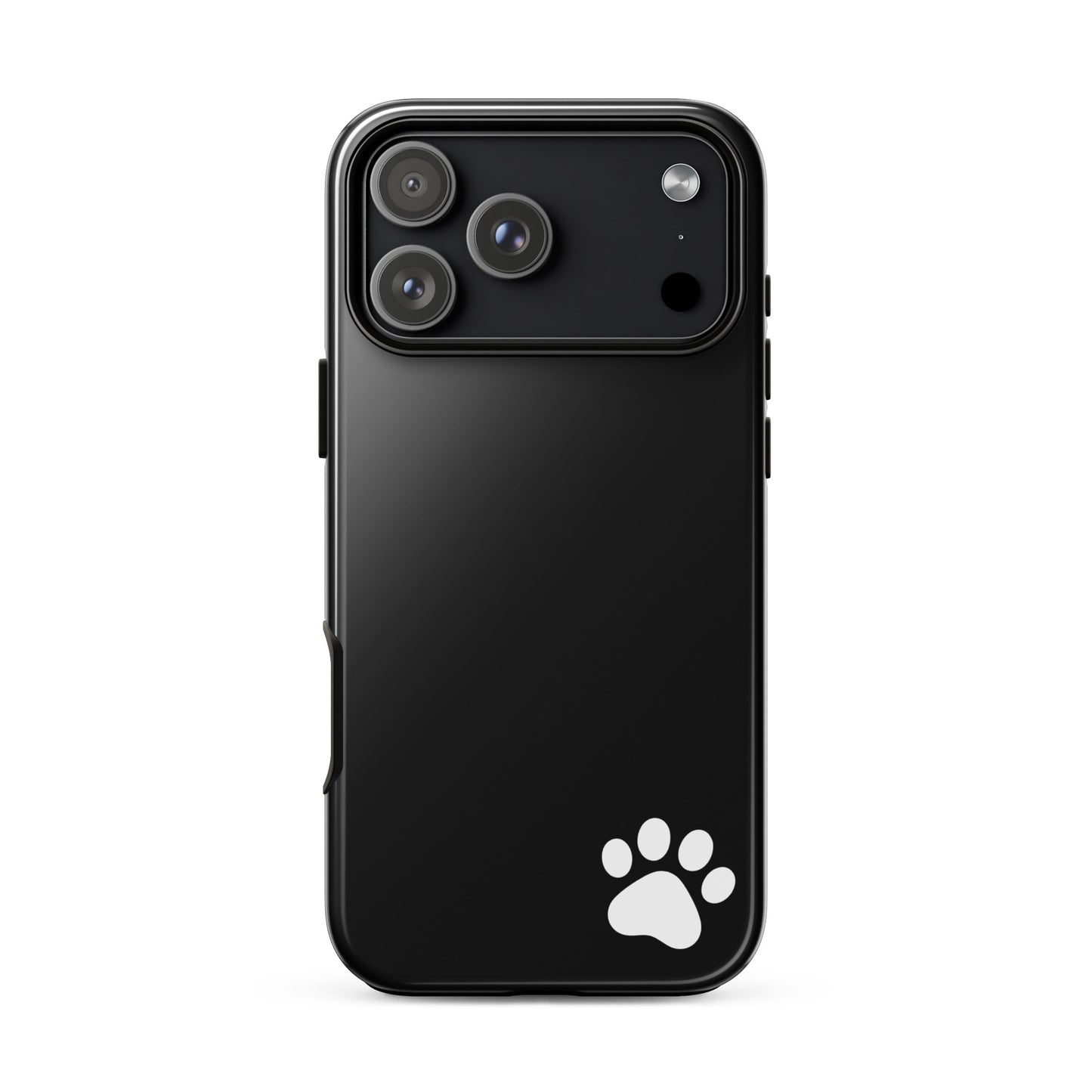 Phone Case for iPhone with black minimalist design and white paw print in lower corner, perfect for pet lovers and iPhone protection.