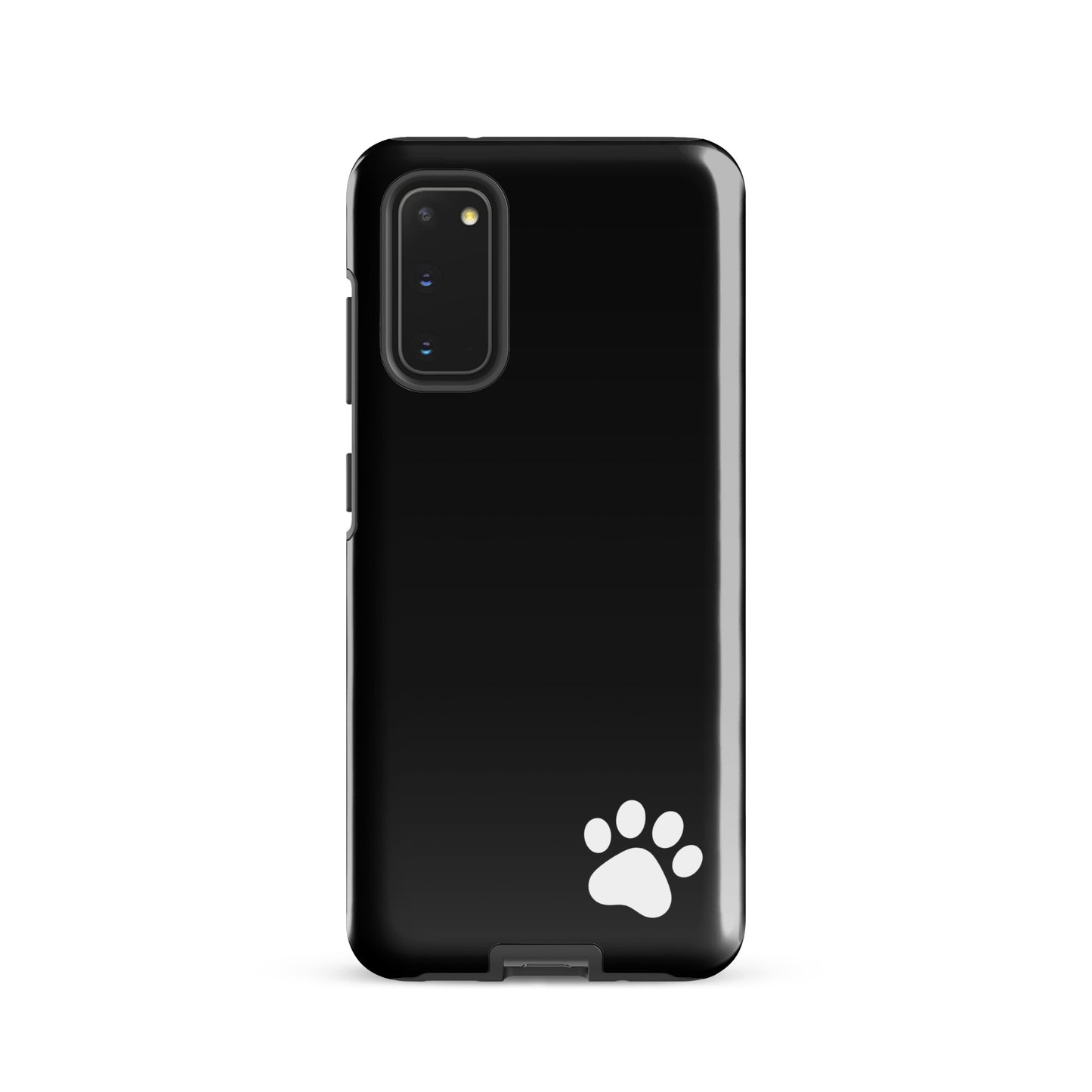 Black Phone Case for Samsung Galaxy with white paw print, minimalist tough design.