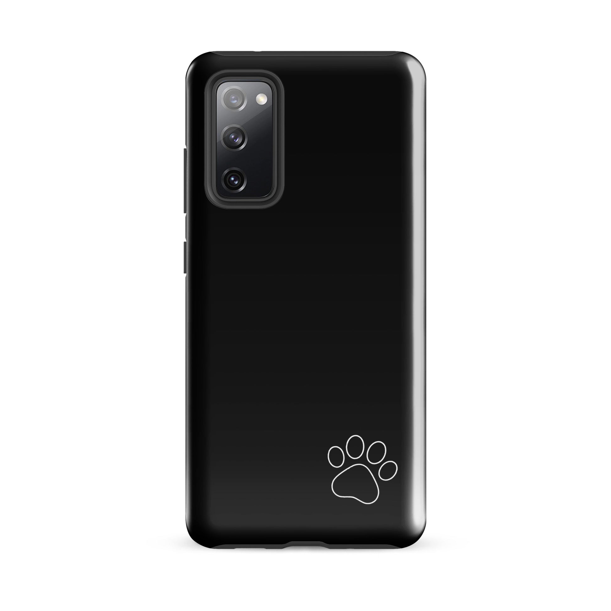 Black Phone Case for Samsung Galaxy with white paw print, minimalist tough design, perfect for pet lovers, chic and sturdy.