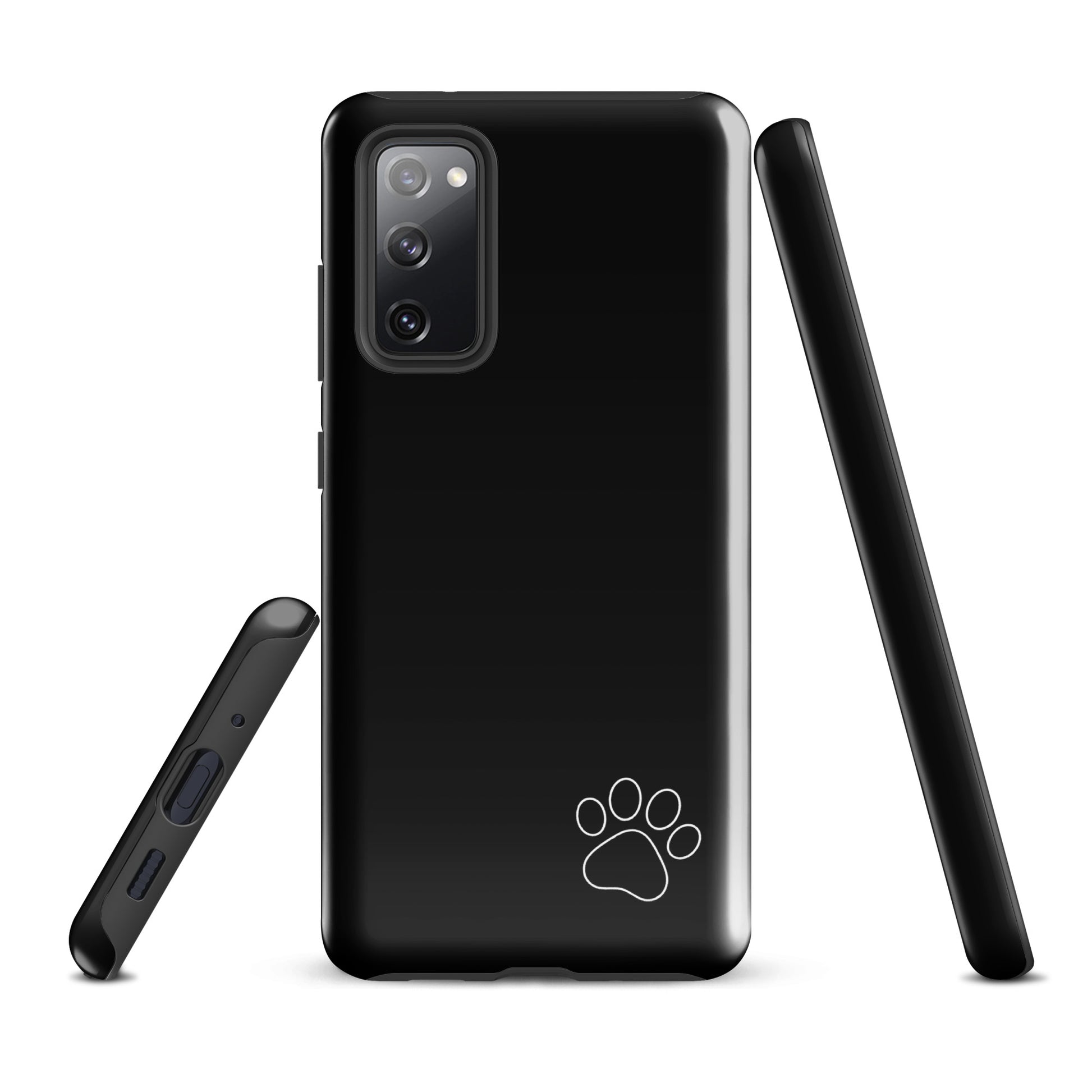 Sleek black Phone Case for Samsung Galaxy with white paw print design, minimalist and tough, perfect for animal lovers and pet parents.