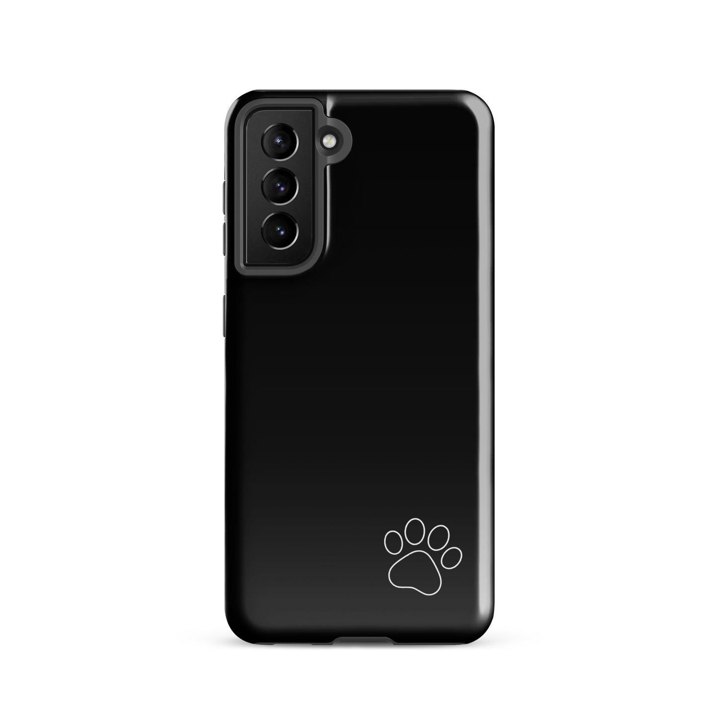 Black Phone Case for Samsung Galaxy with white paw print, minimalist design, sleek and stylish, perfect for pet lovers.