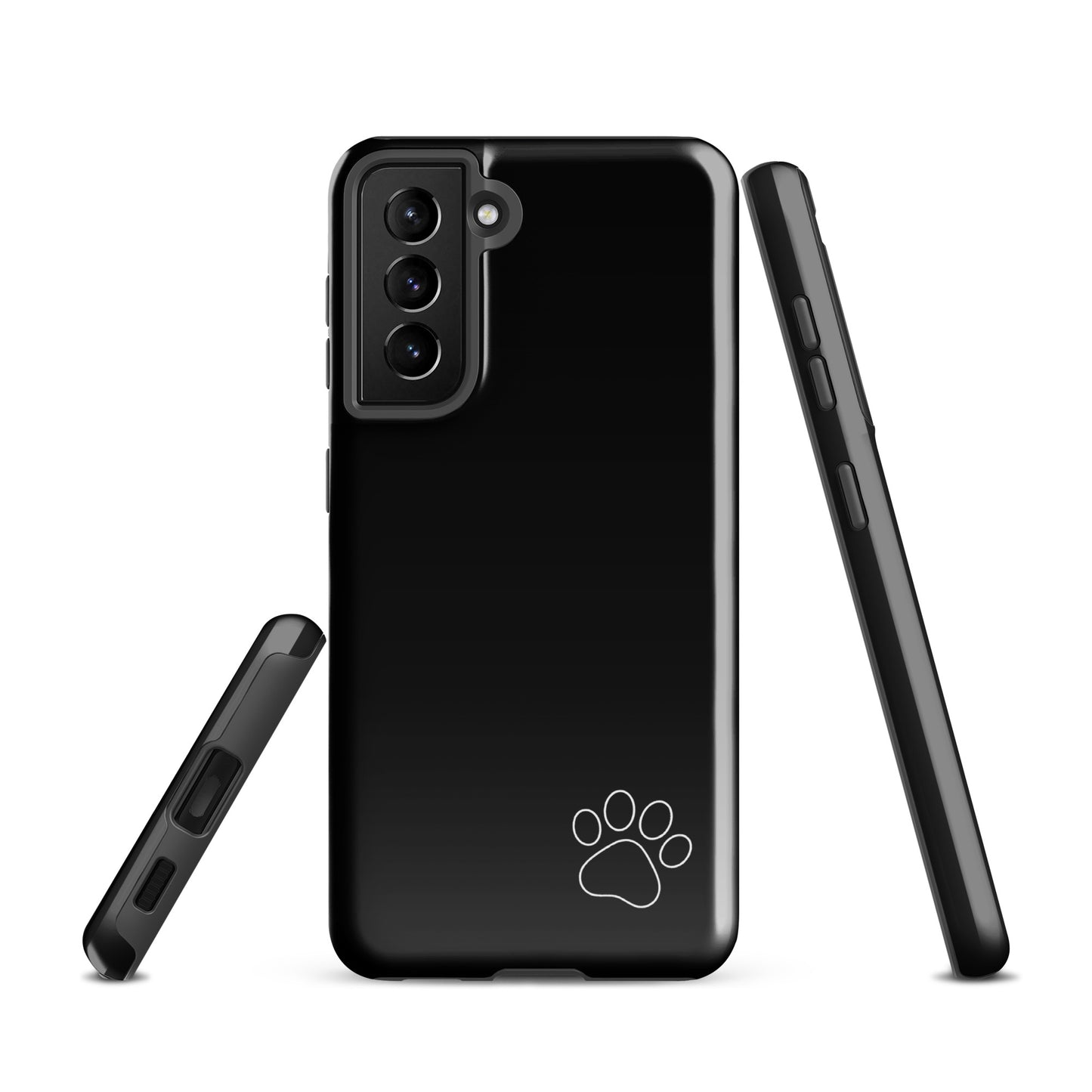 Phone Case for Samsung Galaxy with black design and white paw print, Paw-Print Luxe Minimalist Tough Case with sleek, modern look.