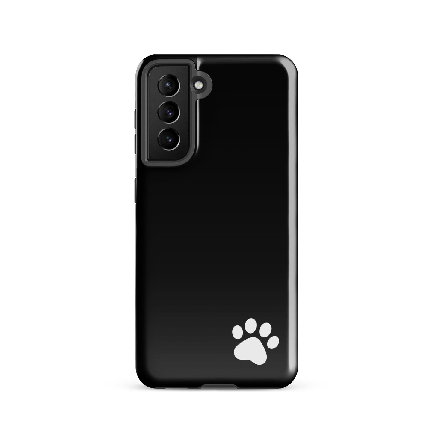 Phone Case with paw-print design for Samsung Galaxy in sleek black, minimalist tough cover emphasizing playful and modern style.