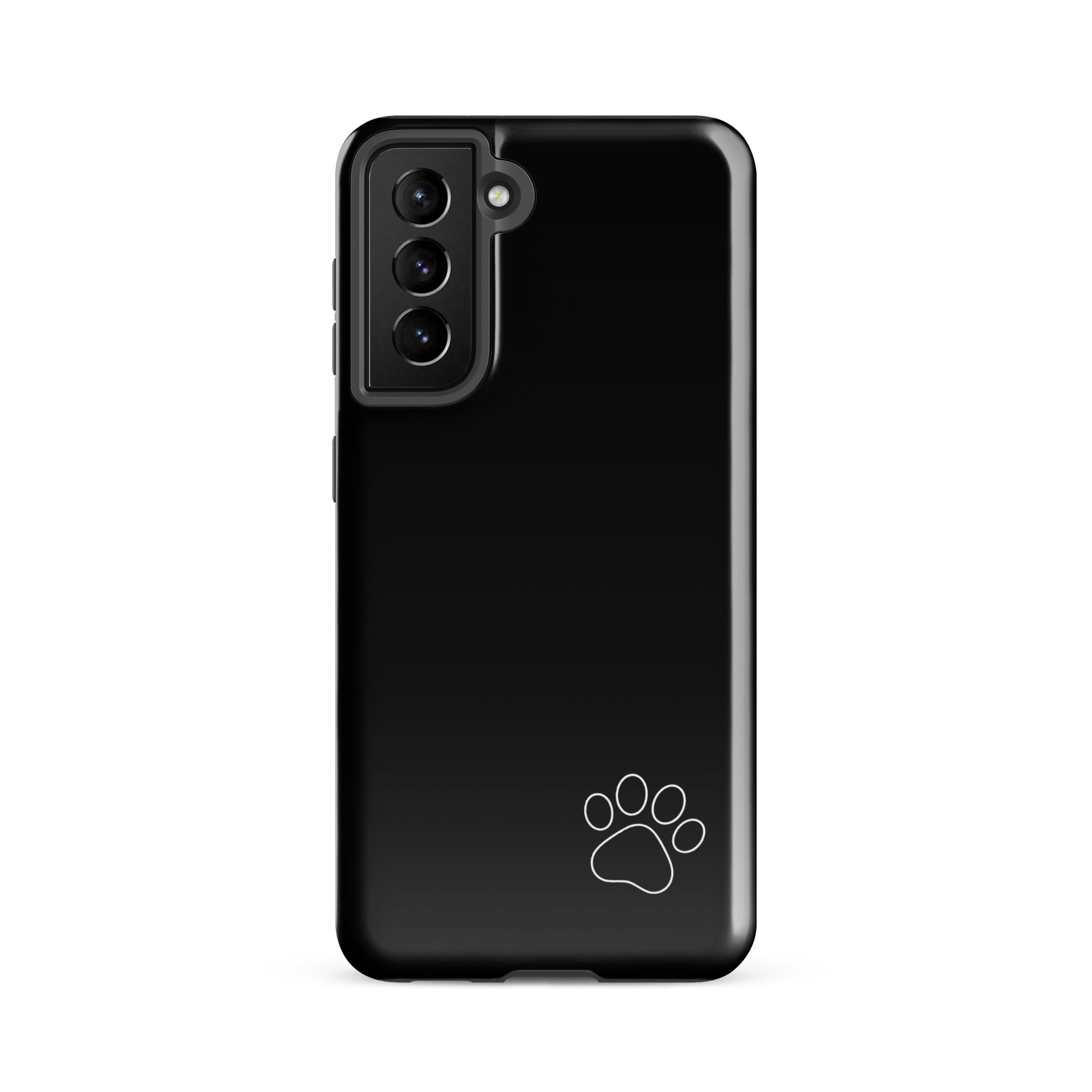 Phone Case for Samsung Galaxy with black sleek design and white paw print in the corner, offering minimalist style and tough protection.