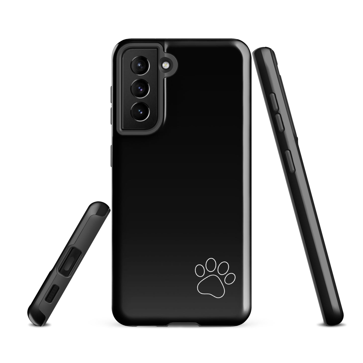 Phone Case for Samsung Galaxy featuring black design with white paw print, minimalist tough case style.