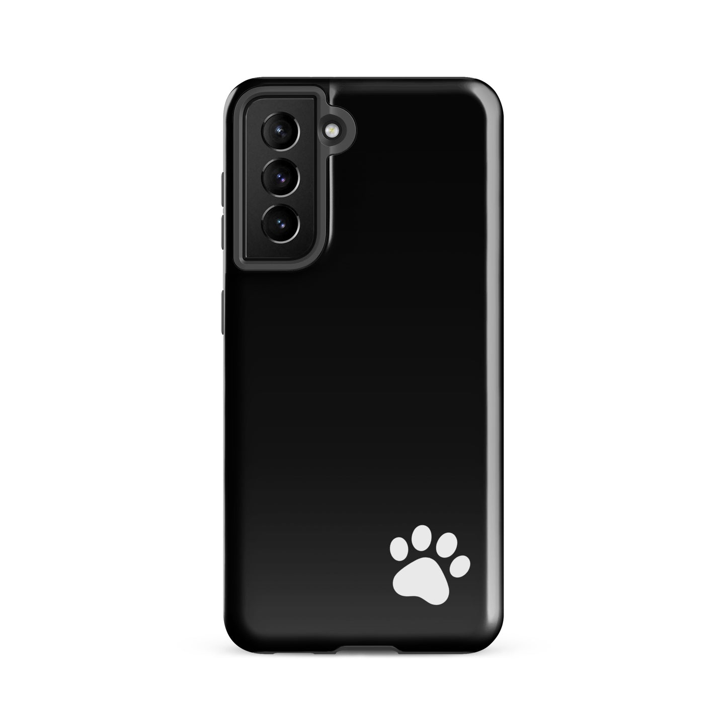 Black Phone Case for Samsung Galaxy with white paw print, minimalist tough design for pet lovers.