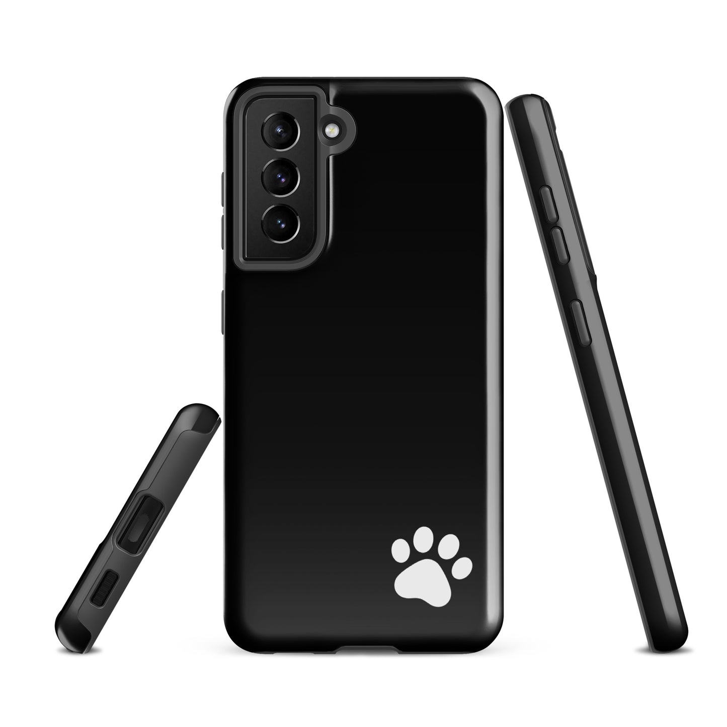 Phone Case for Samsung Galaxy with black design and white paw print, minimalistic and tough, ideal for pet lovers seeking style and durability.