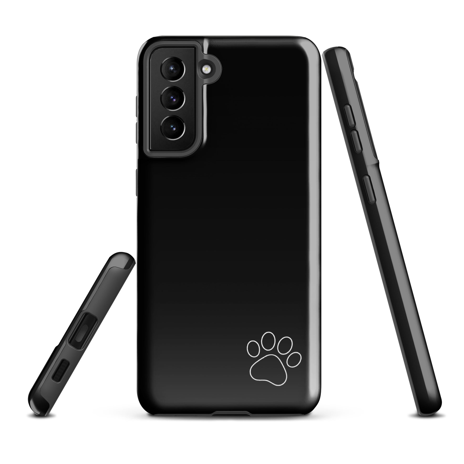 Phone Case for Samsung Galaxy with black design and white paw print in the lower right corner, showcasing a minimalist and tough style.