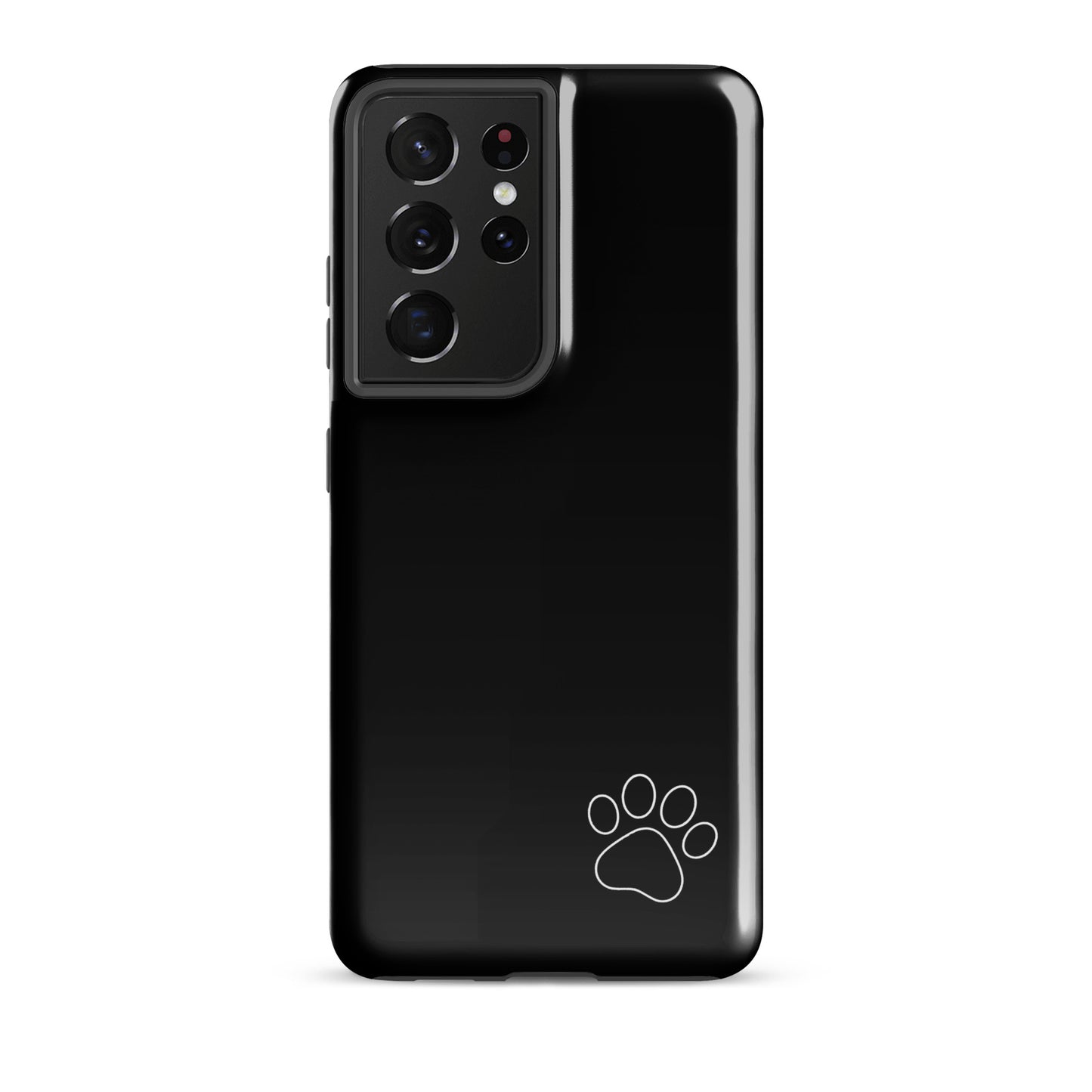 Phone Case for Samsung Galaxy: black tough case with white paw print design, minimalist style, enhances personality and sleek aesthetics.