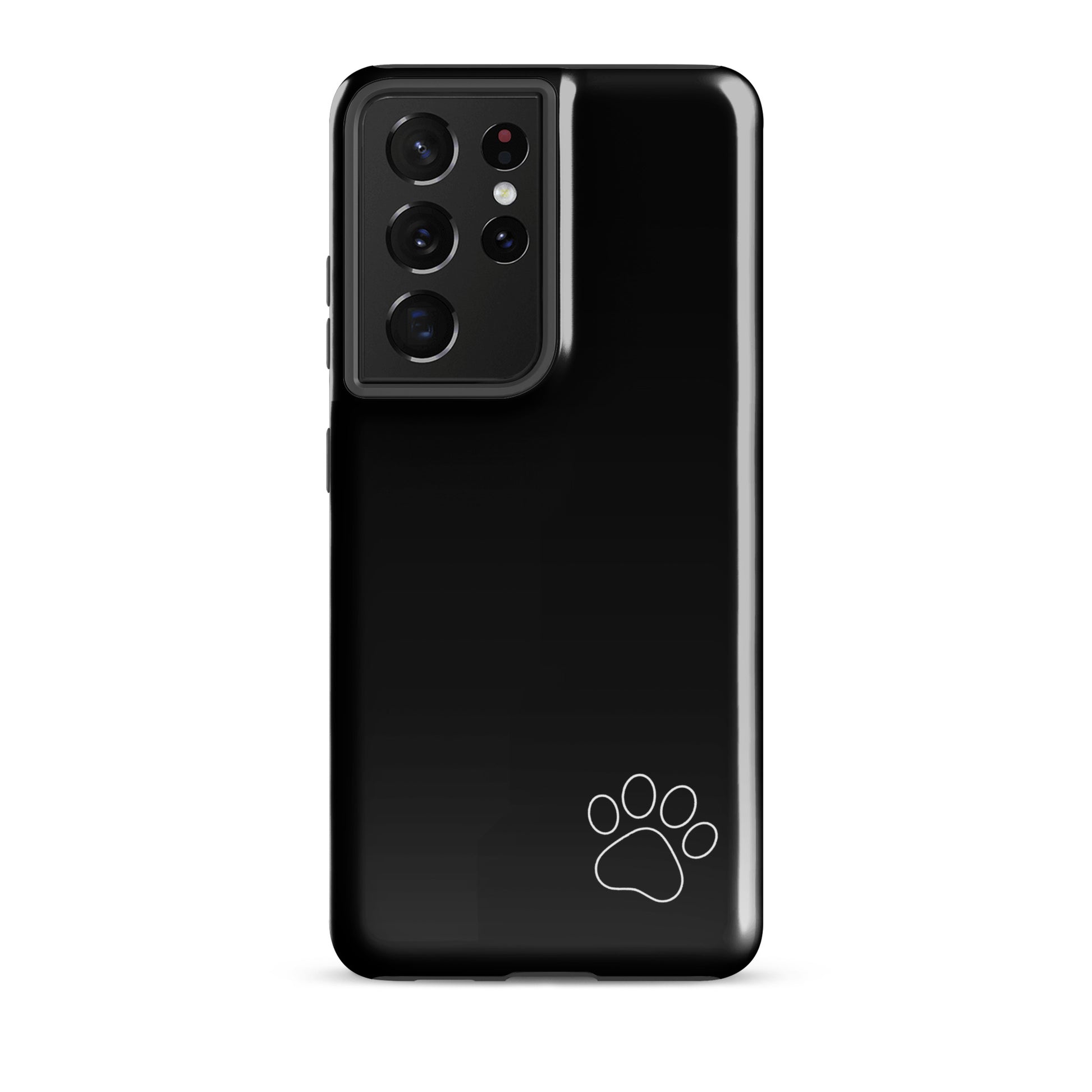 Phone Case for Samsung Galaxy: black tough case with white paw print design, minimalist style, enhances personality and sleek aesthetics.