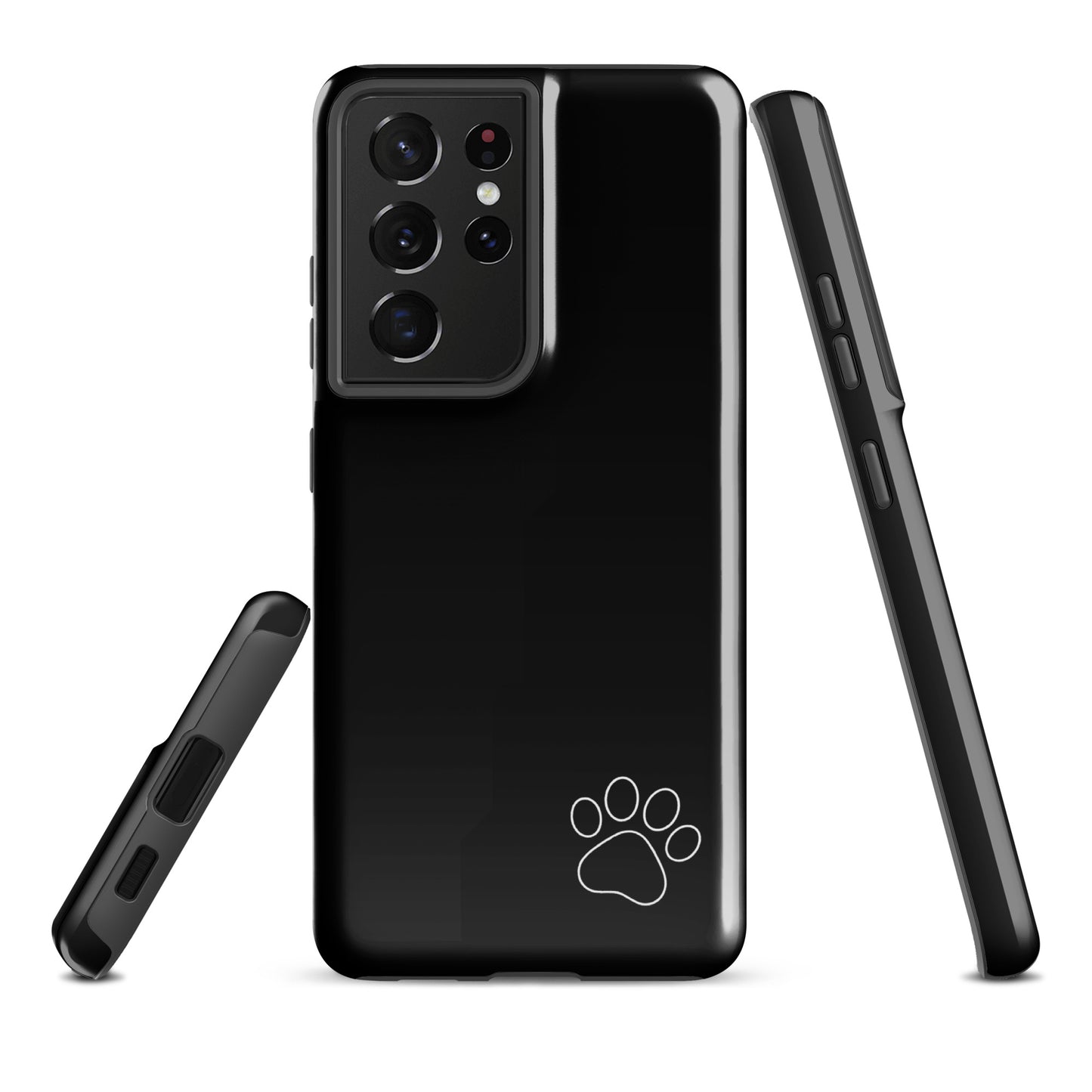Black Phone Case for Samsung Galaxy with white paw print design, minimalist style.